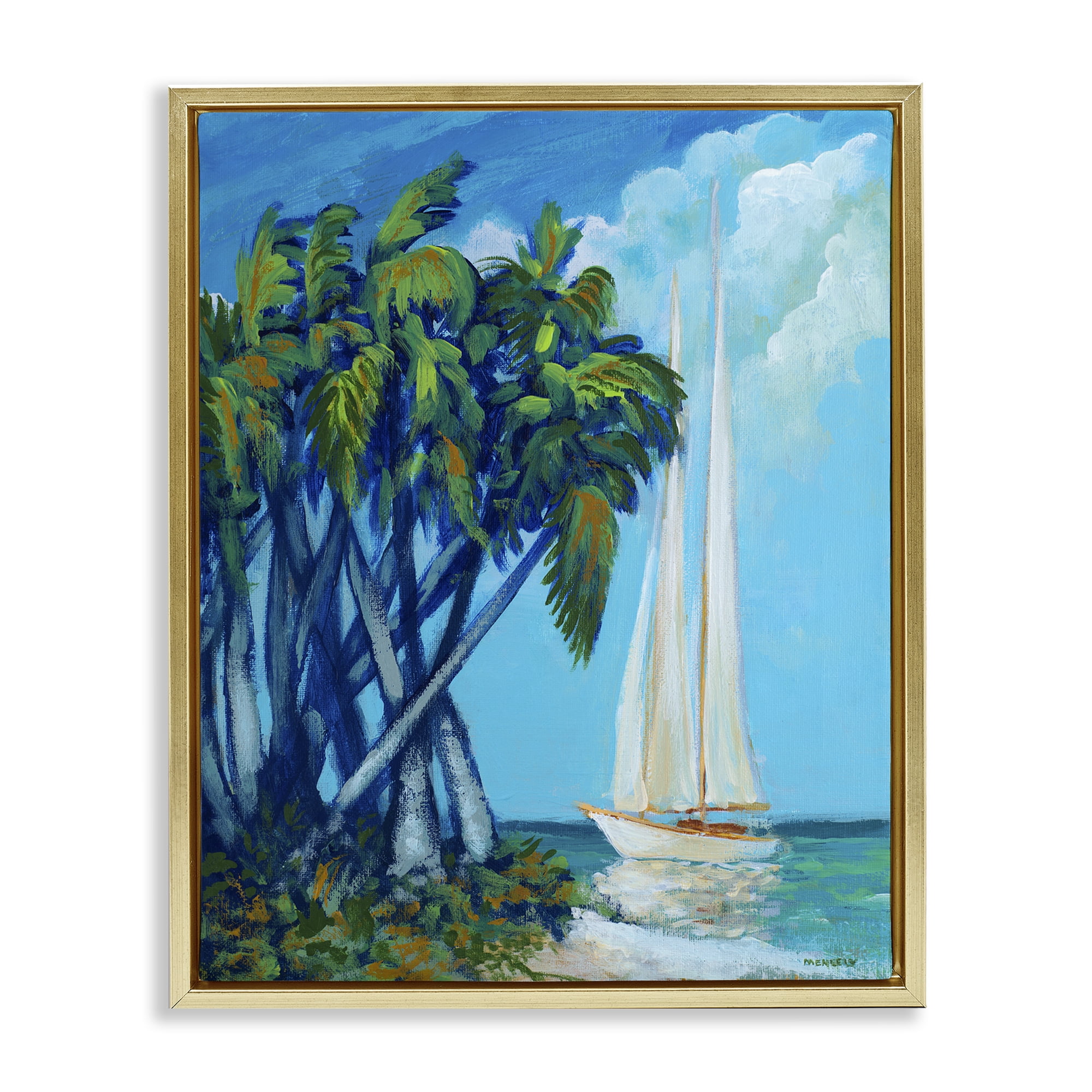 Stupell Industries Sailboat & Twisted Palms Gold Framed Floater Canvas Wall Art, design by Dan Meneely