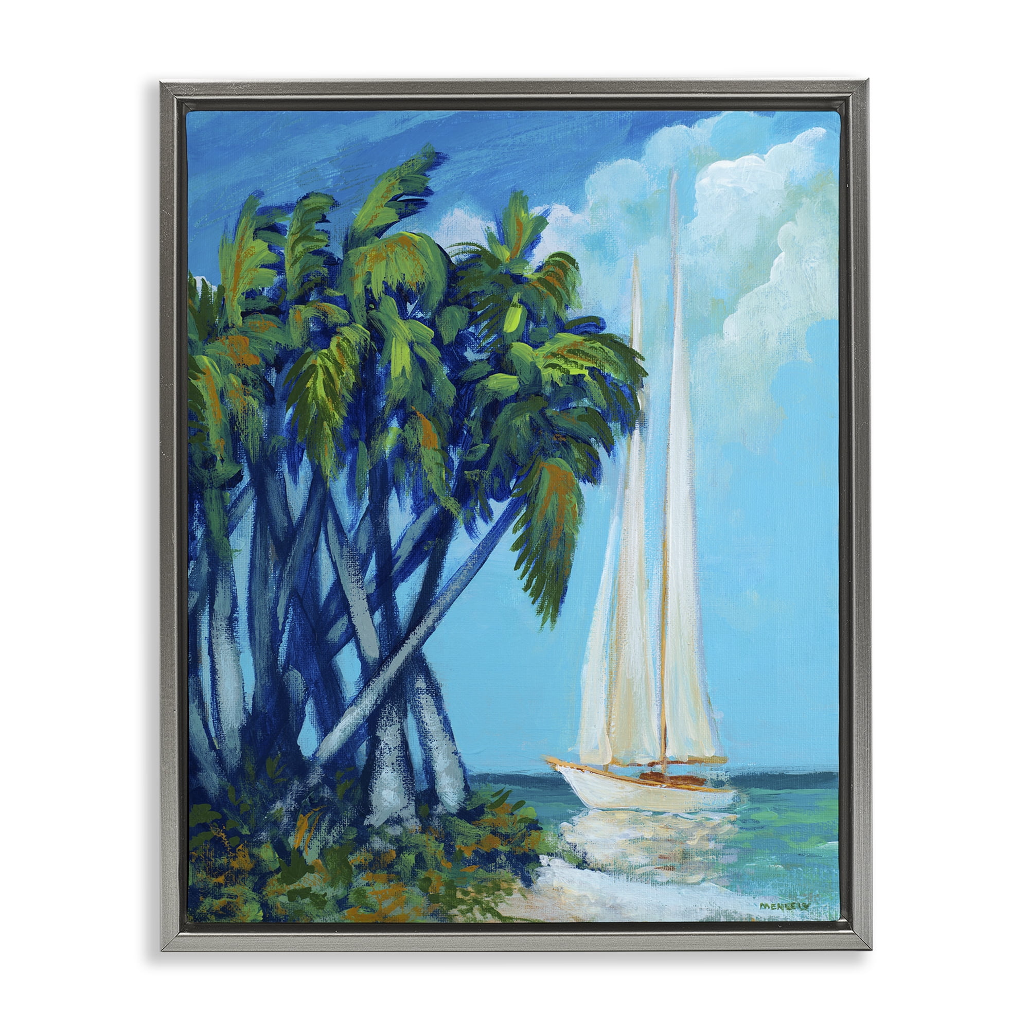 Stupell Industries Sailboat & Twisted Palms Gray Framed Floater Canvas Wall Art, design by Dan Meneely