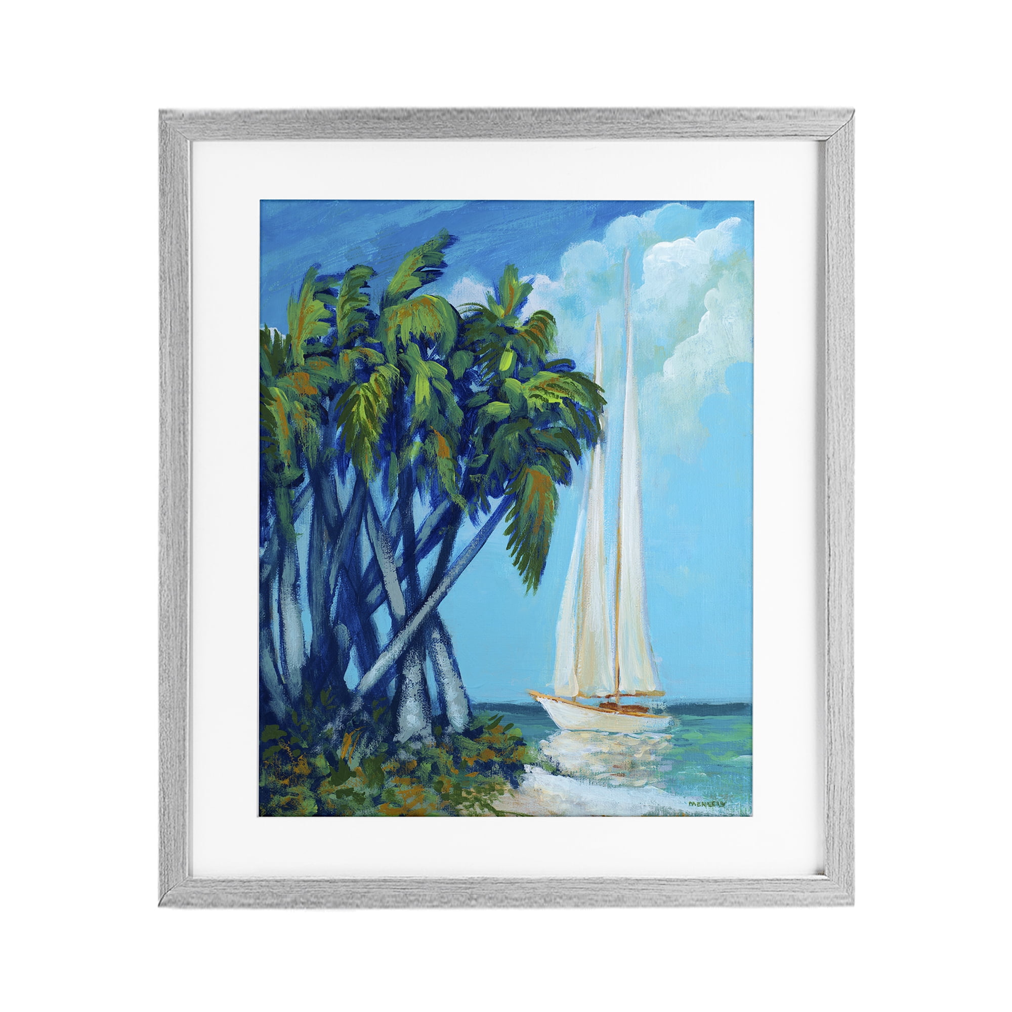 Stupell Industries Sailboat & Twisted Palms Gray Framed Print Under Glass, design by Dan Meneely