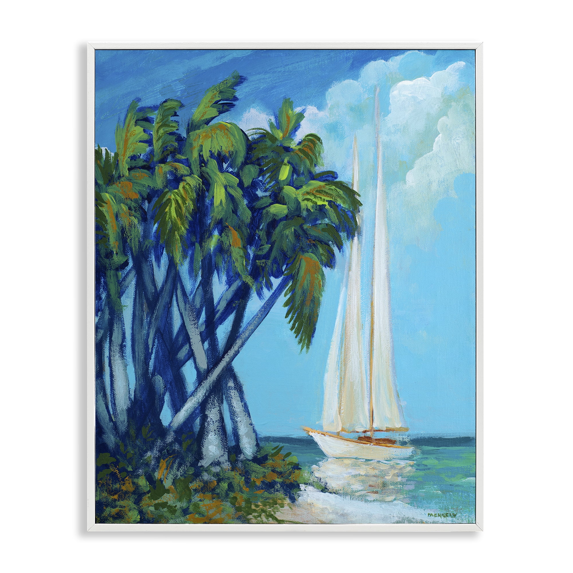 Stupell Industries Sailboat & Twisted Palms White Framed Giclee Art, design by Dan Meneely