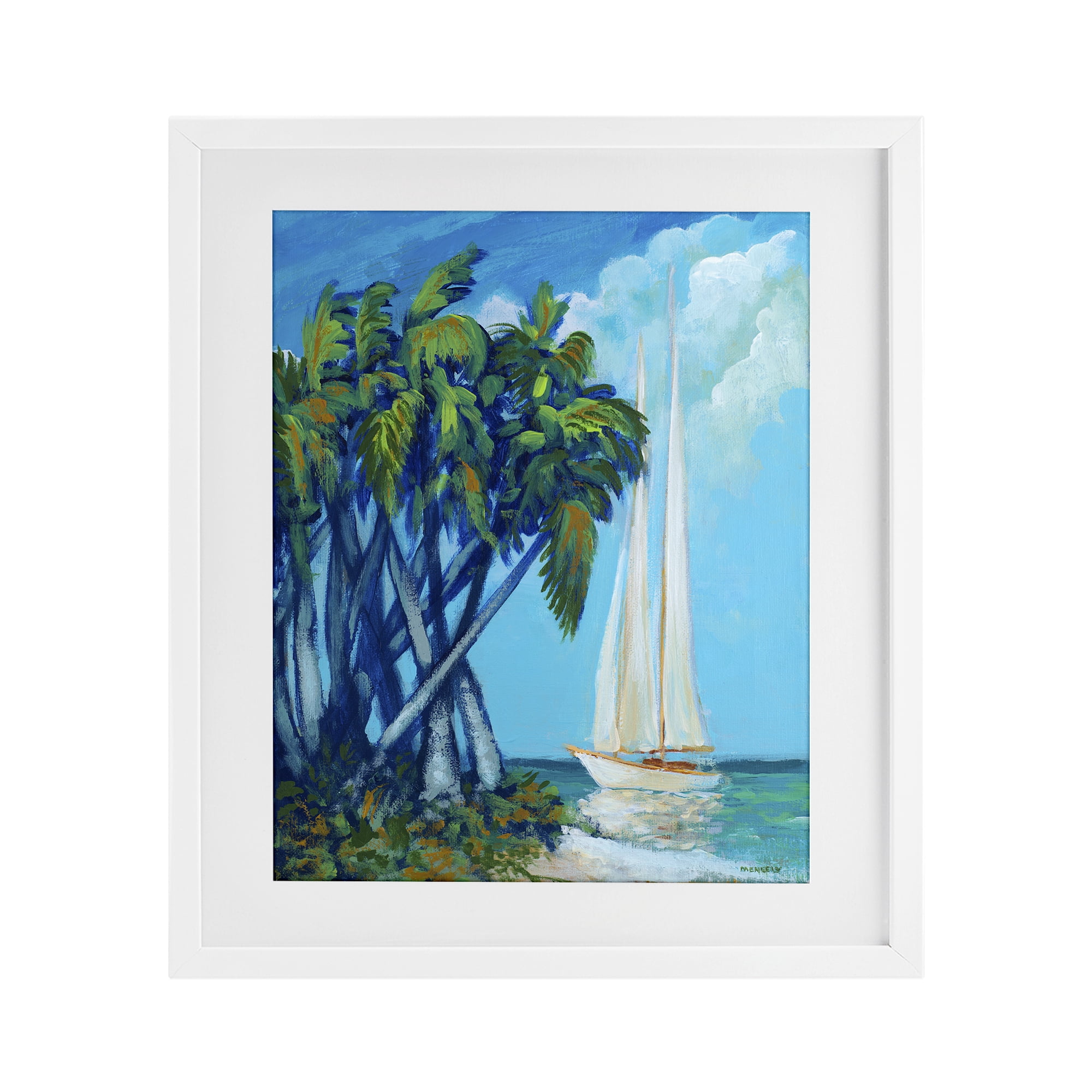 Stupell Industries Sailboat & Twisted Palms White Framed Print Under Glass, design by Dan Meneely