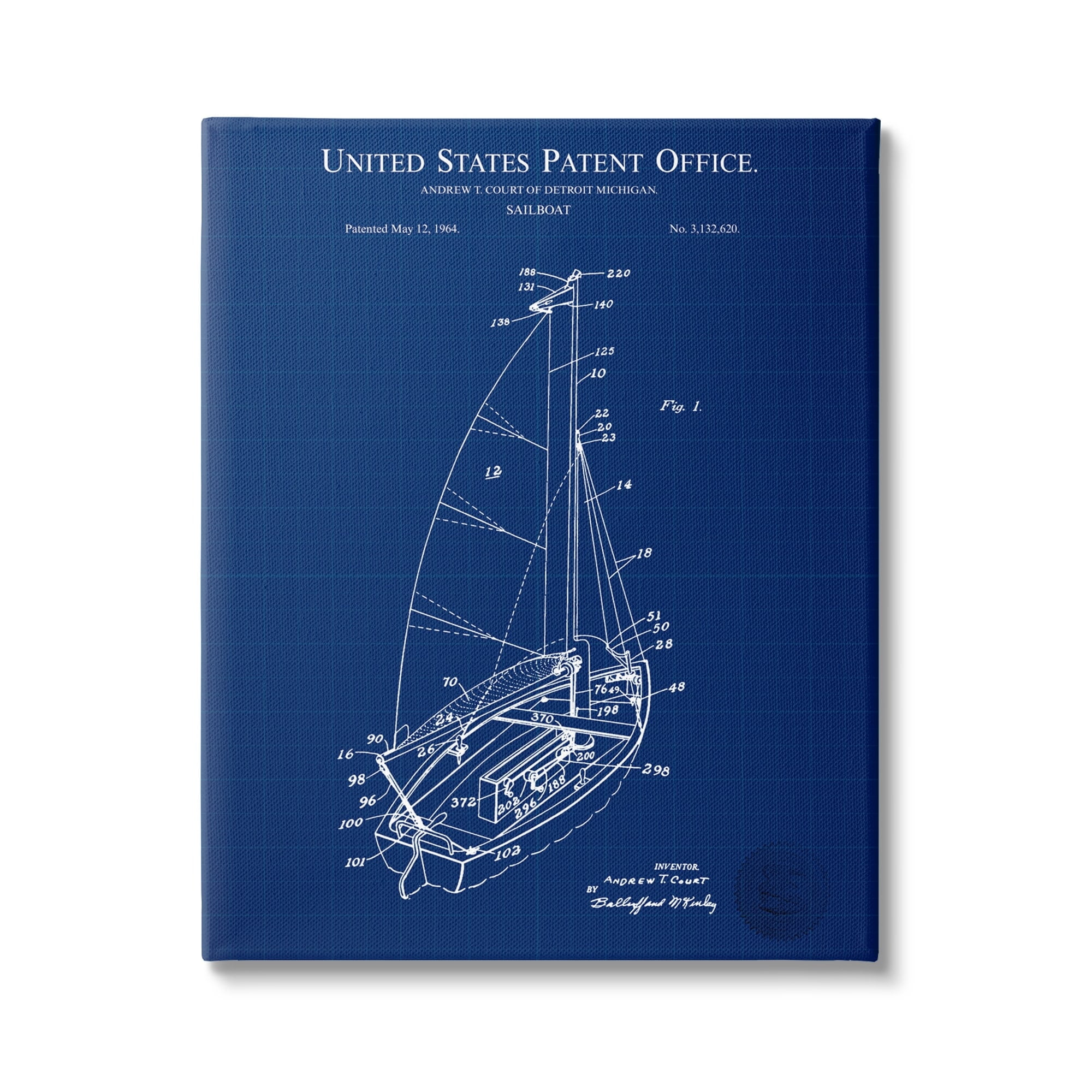 Stupell Industries Sailboat Watercraft Blue Patent Office Diagram Blueprint Canvas Wall Art, 24 x 30, Design by Karl Hronek