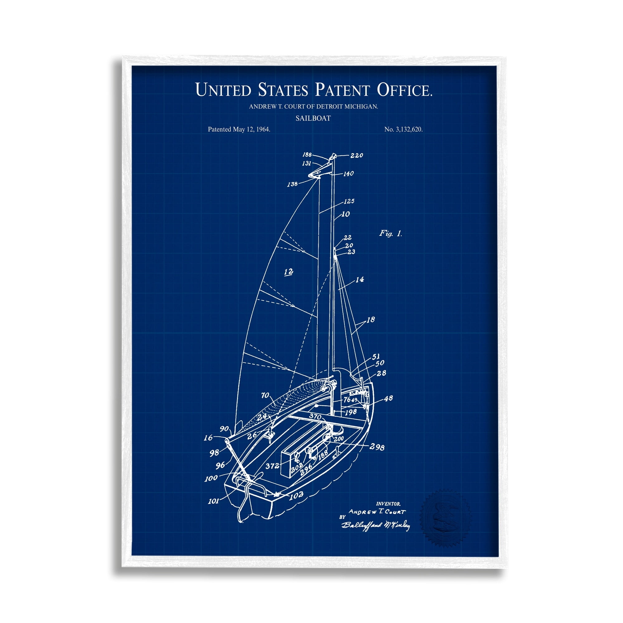 Stupell Industries Sailboat Watercraft Blue Patent Office Diagram Blueprint Framed Wall Art, 16 x 20, Design by Karl Hronek
