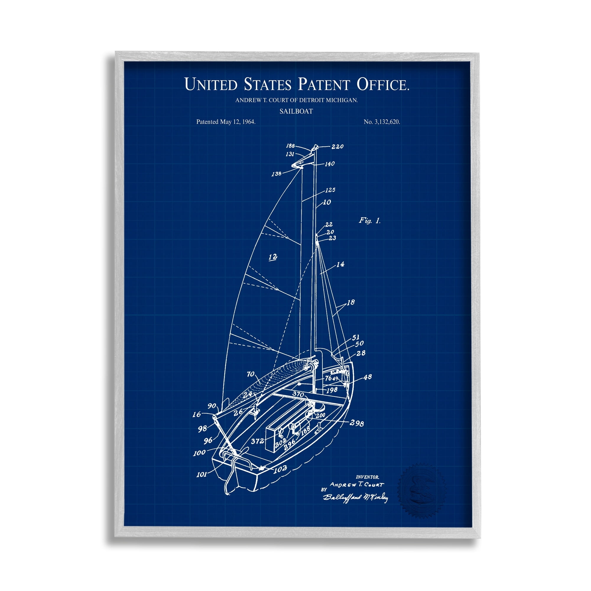 Stupell Industries Sailboat Watercraft Blue Patent Office Diagram Blueprint Framed Wall Art, 16 x 20, Design by Karl Hronek