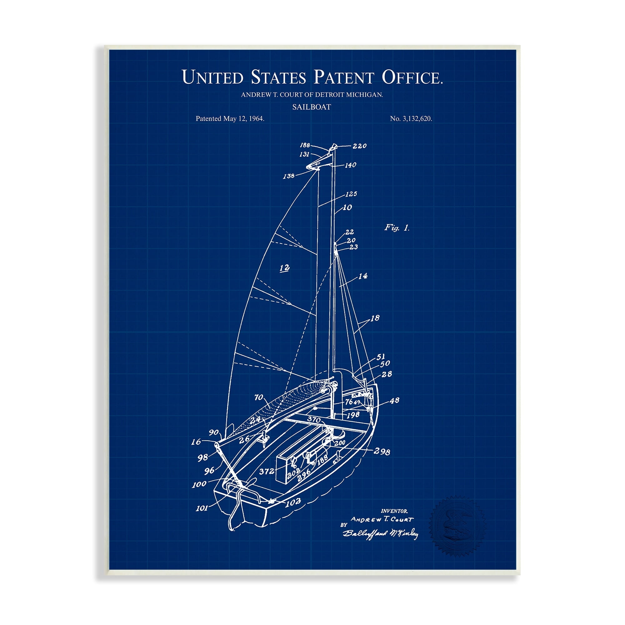 Stupell Industries Sailboat Watercraft Blue Patent Office Diagram Blueprint Wood Wall Art, 10 x 15, Design by Karl Hronek