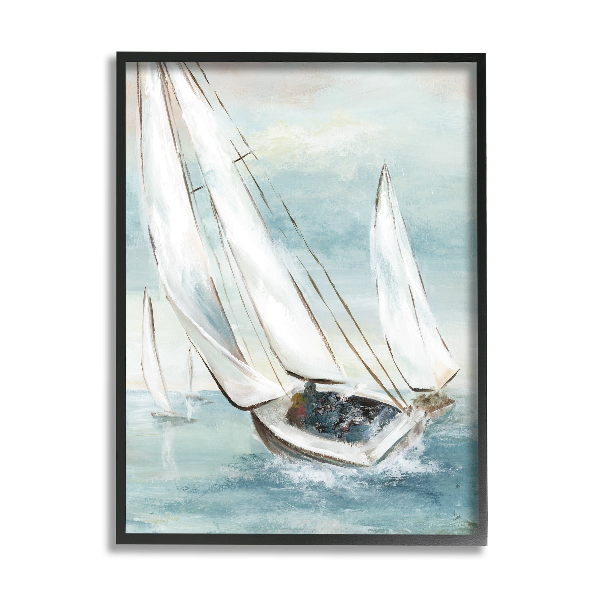 Stupell Industries Sailboat Watercraft Sailing Water Splashing Ocean Waves Paintings Black Framed Art Print Wall Art, 24x30, by Nan