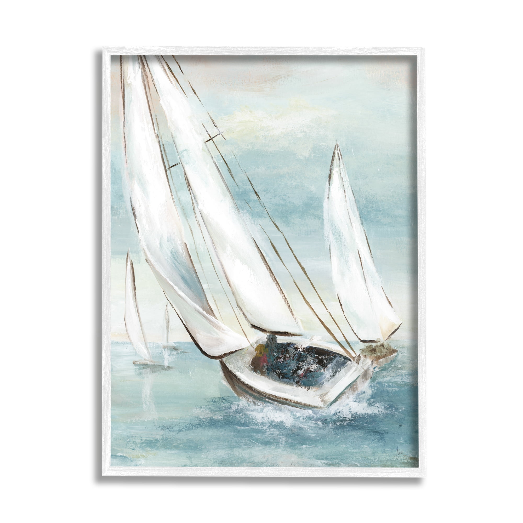 Stupell Industries Sailboat Watercraft Sailing Water Splashing Ocean Waves Paintings White Framed Art Print Wall Art, 11x14, by Nan