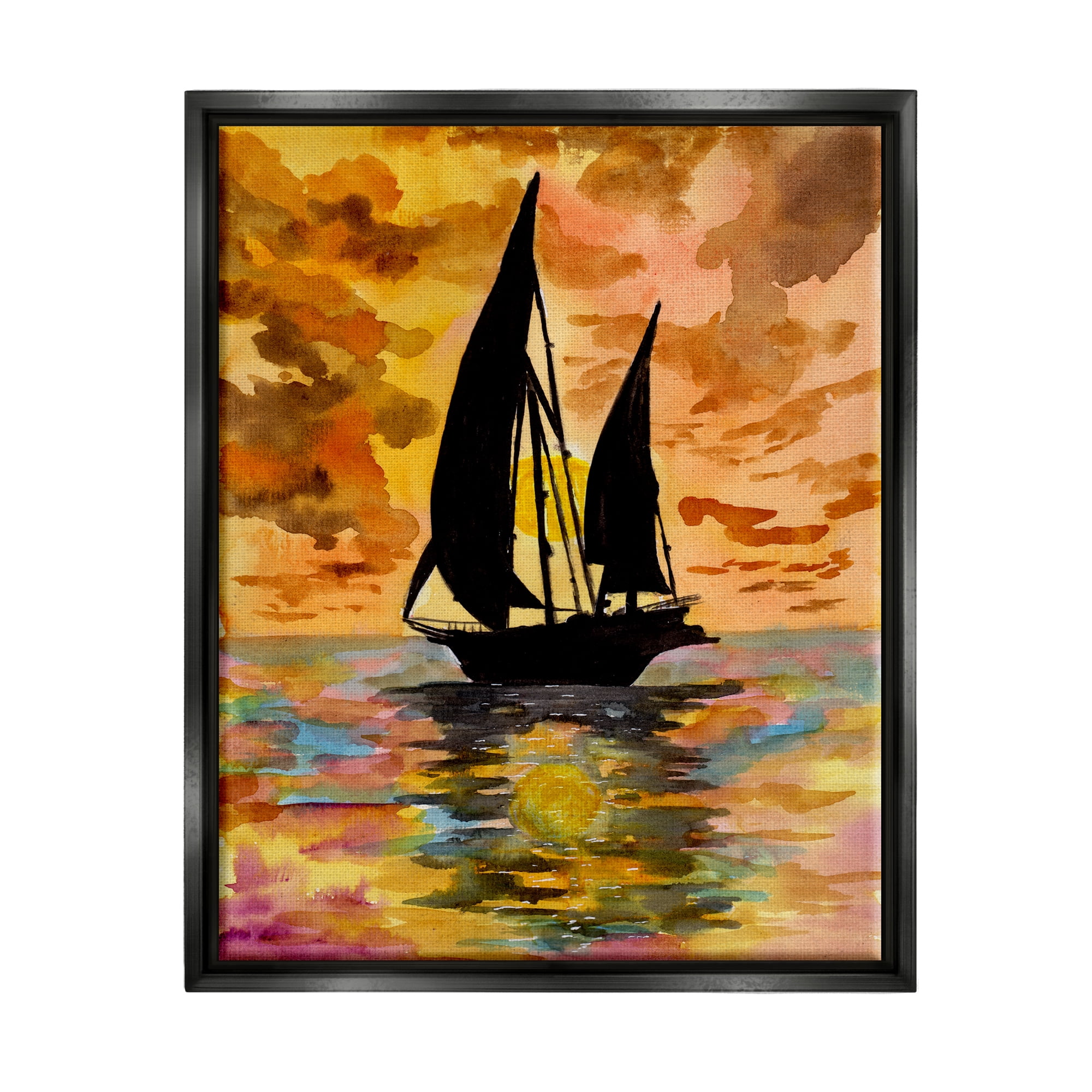 Stupell Industries Sailboat at Sunset Transportation Painting Black Floater Framed Art Print Wall Art, 25 x 31