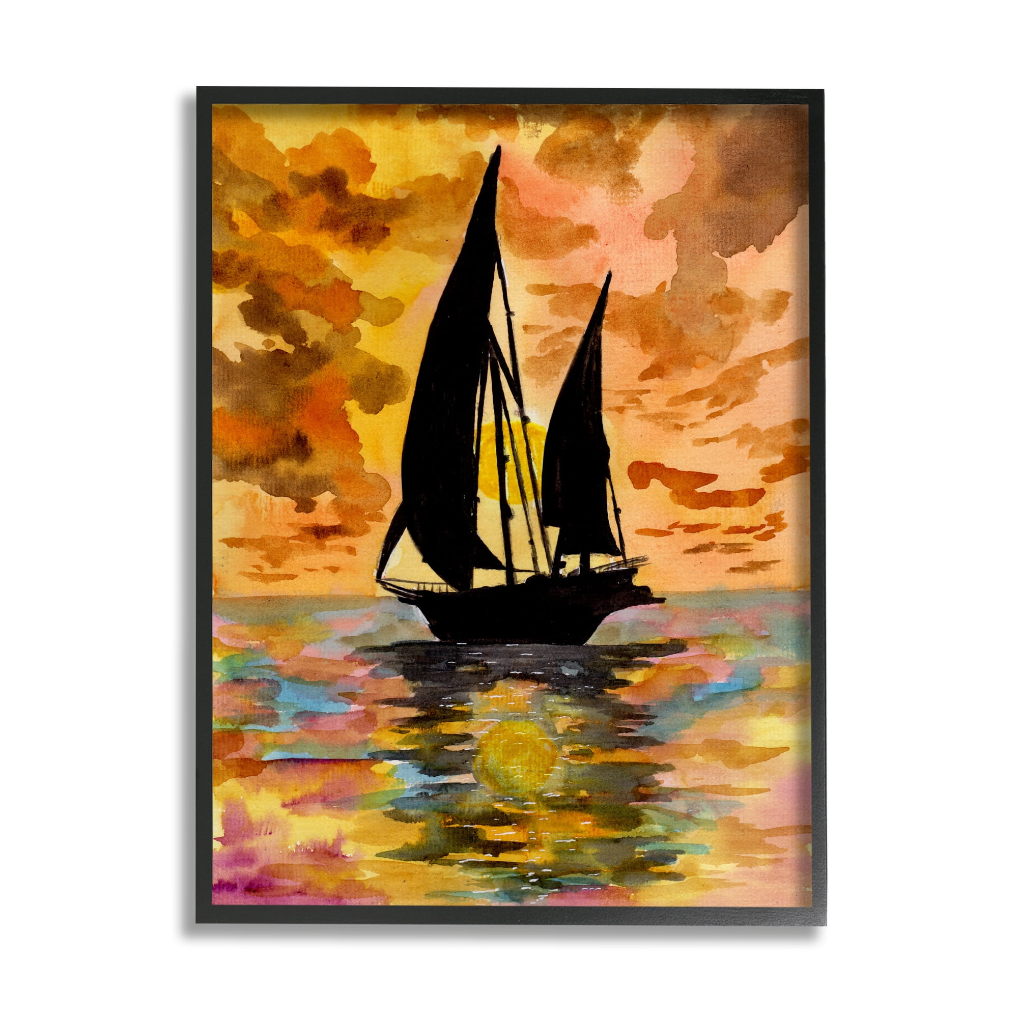 Stupell Industries Sailboat at Sunset Transportation Painting Black Framed Art Print Wall Art, 11 x 14