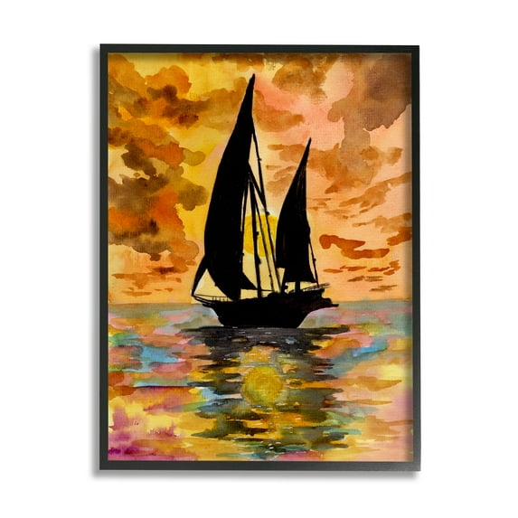 Stupell Industries Sailboat at Sunset Transportation Painting Black Framed Art Print Wall Art, 24 x 30
