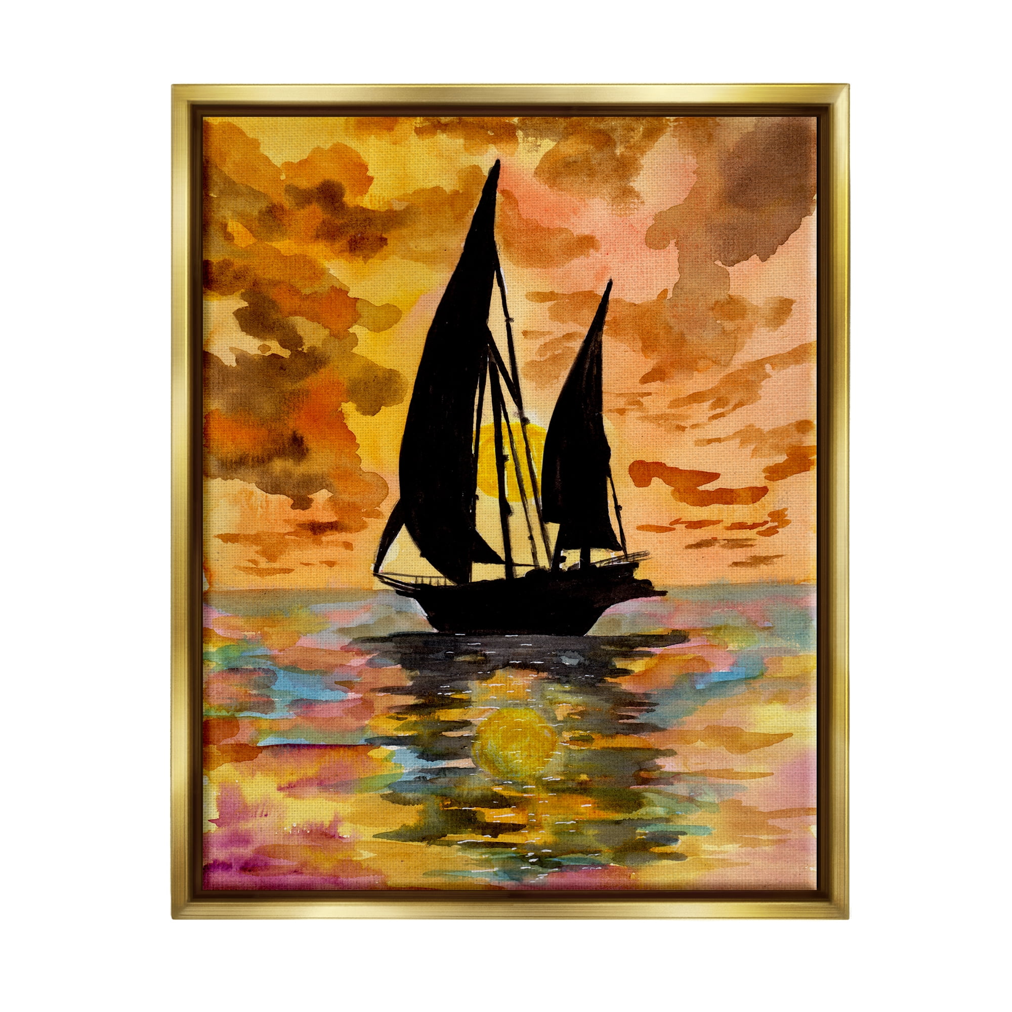 Stupell Industries Sailboat at Sunset Transportation Painting Gold Floater Framed Art Print Wall Art, 17 x 21