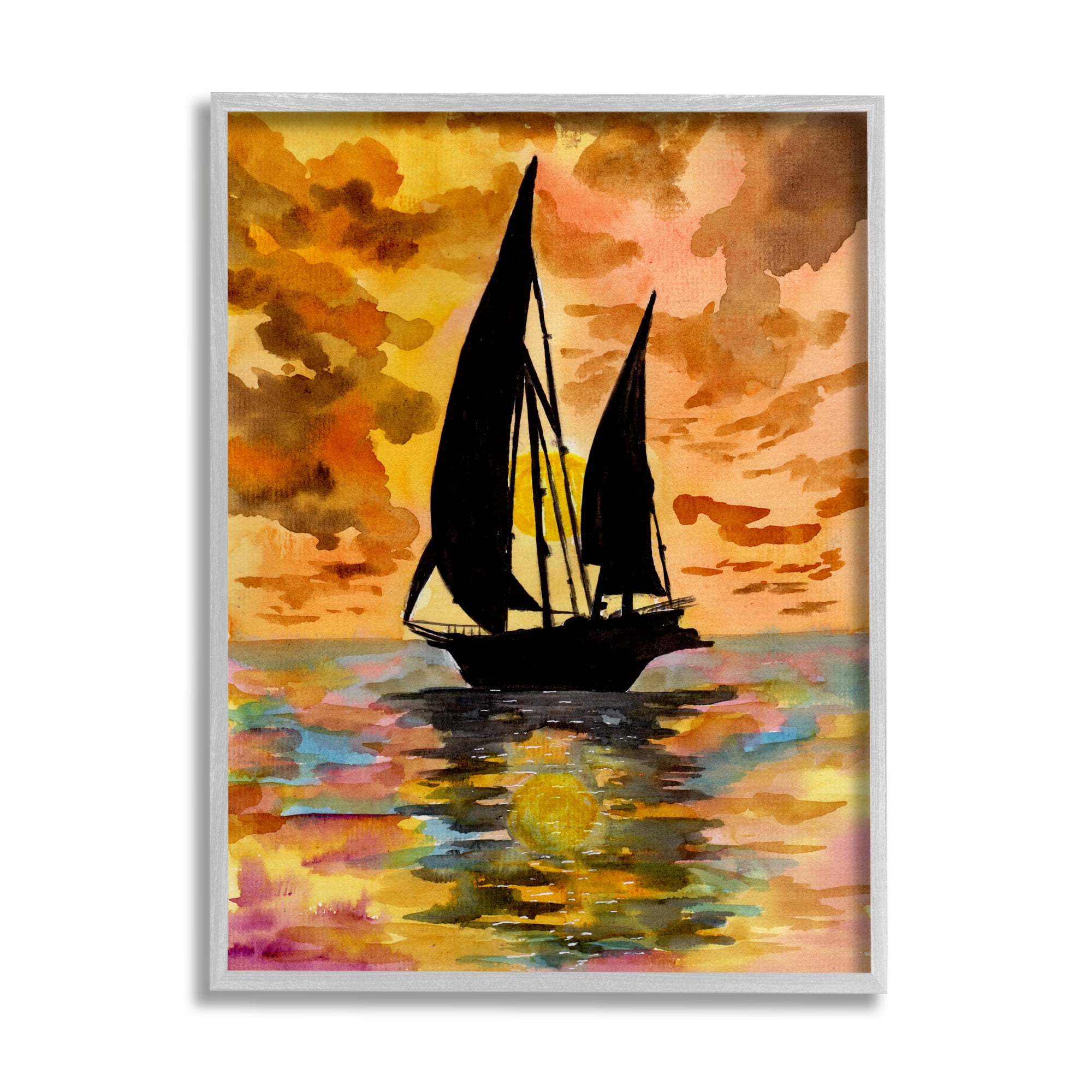 Stupell Industries Sailboat at Sunset Transportation Painting Gray Framed Art Print Wall Art, 11 x 14