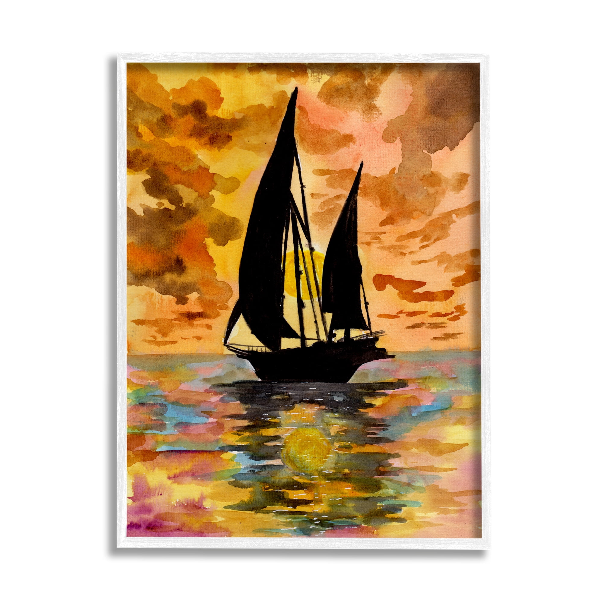 Stupell Industries Sailboat at Sunset Transportation Painting White Framed Art Print Wall Art, 16 x 20