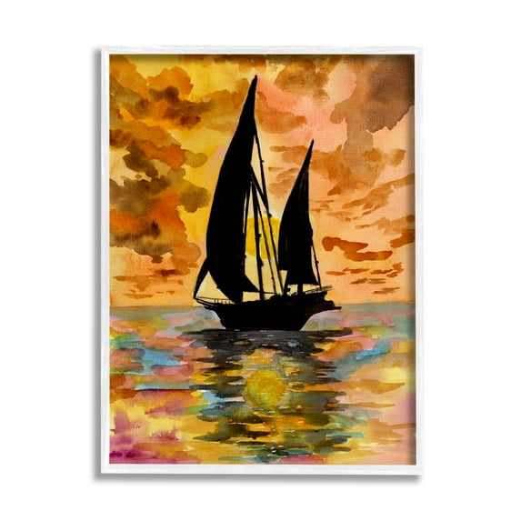 Stupell Industries Sailboat at Sunset Transportation Painting White Framed Art Print Wall Art, 24 x 30