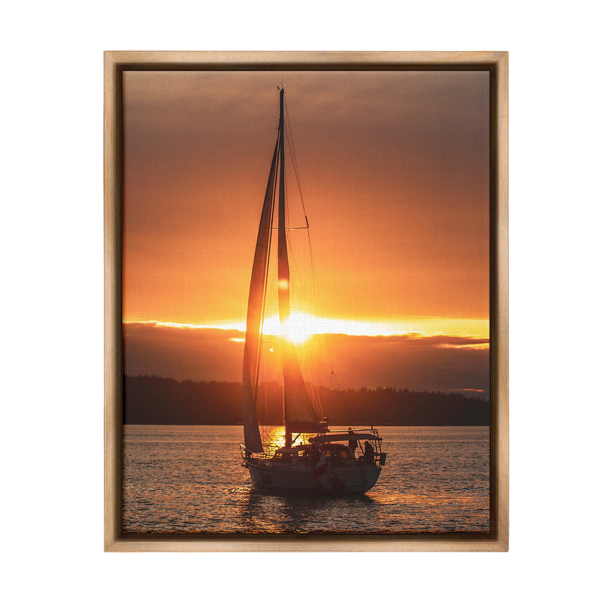 Stupell Industries Sailboat at Sunset Transportation Photography Brown Floater Framed Canvas Art Print Wall Art, 17 x 21
