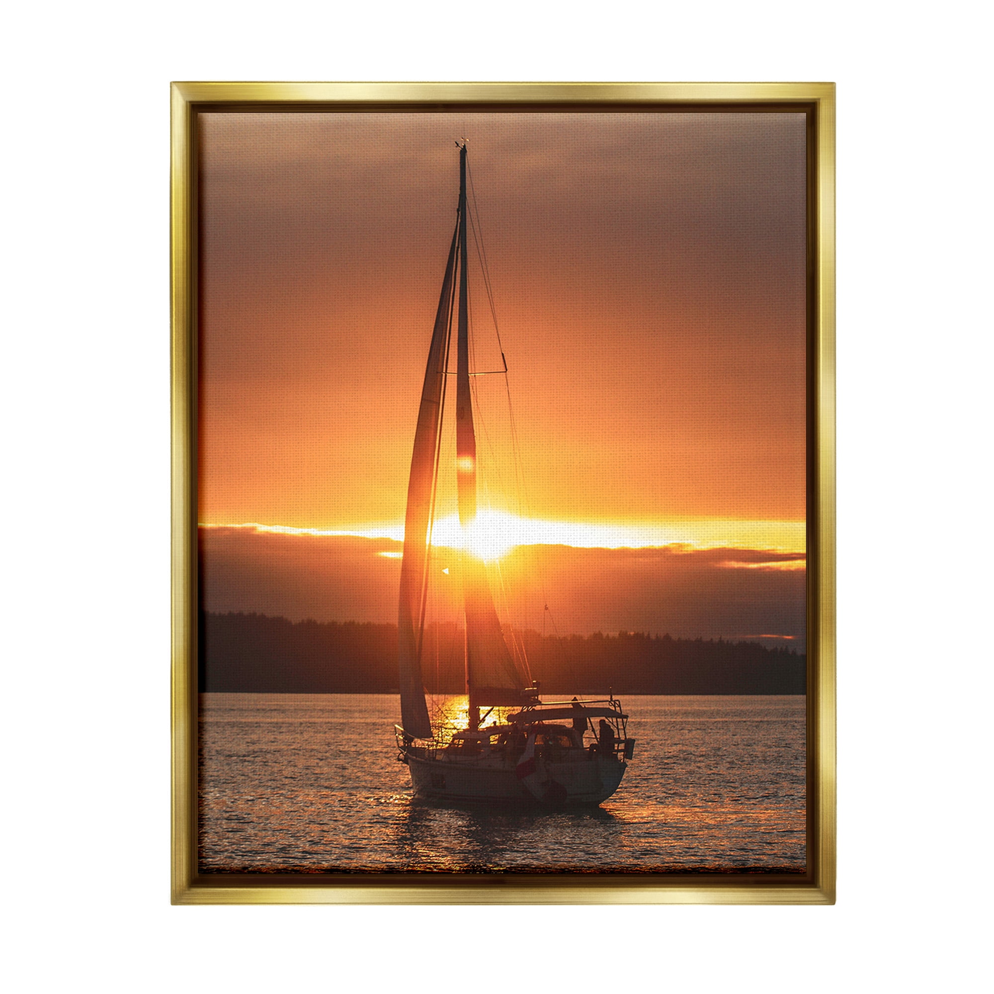 Stupell Industries Sailboat at Sunset Transportation Photography Gold Floater Framed Canvas Art Print Wall Art, 17 x 21