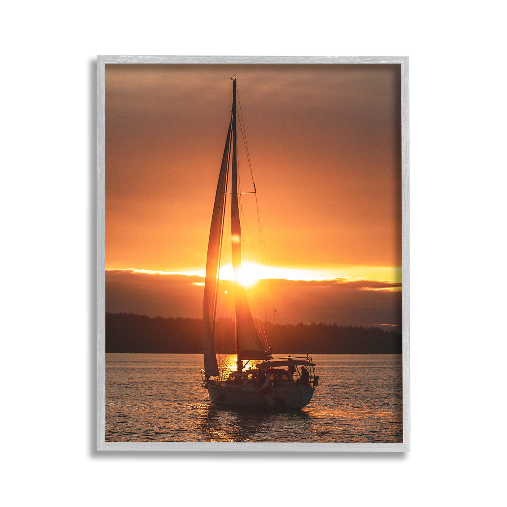 Stupell Industries Sailboat at Sunset Transportation Photography Gray Framed Art Print Wall Art, 11 x 14