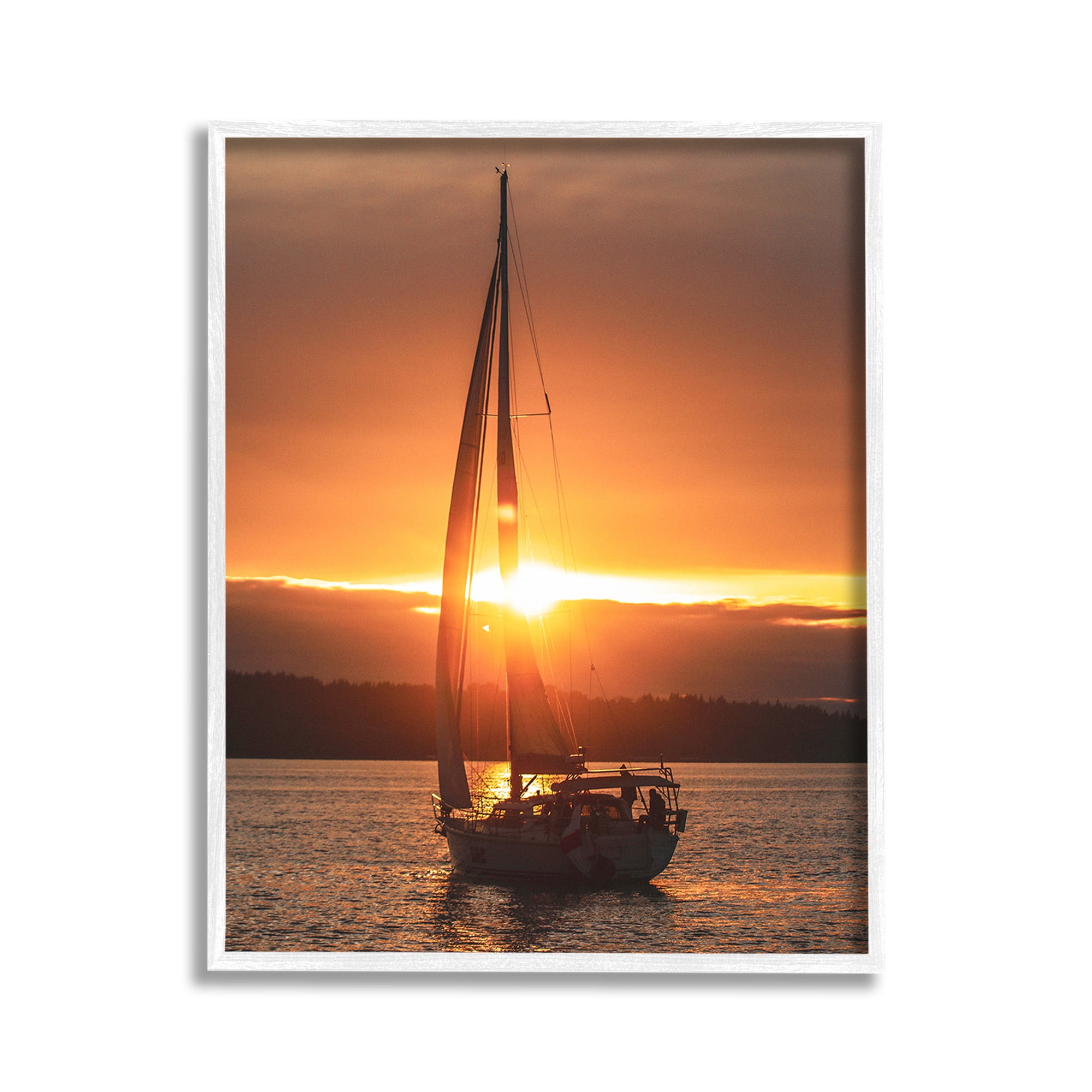 Stupell Industries Sailboat at Sunset Transportation Photography White Framed Art Print Wall Art, 11 x 14