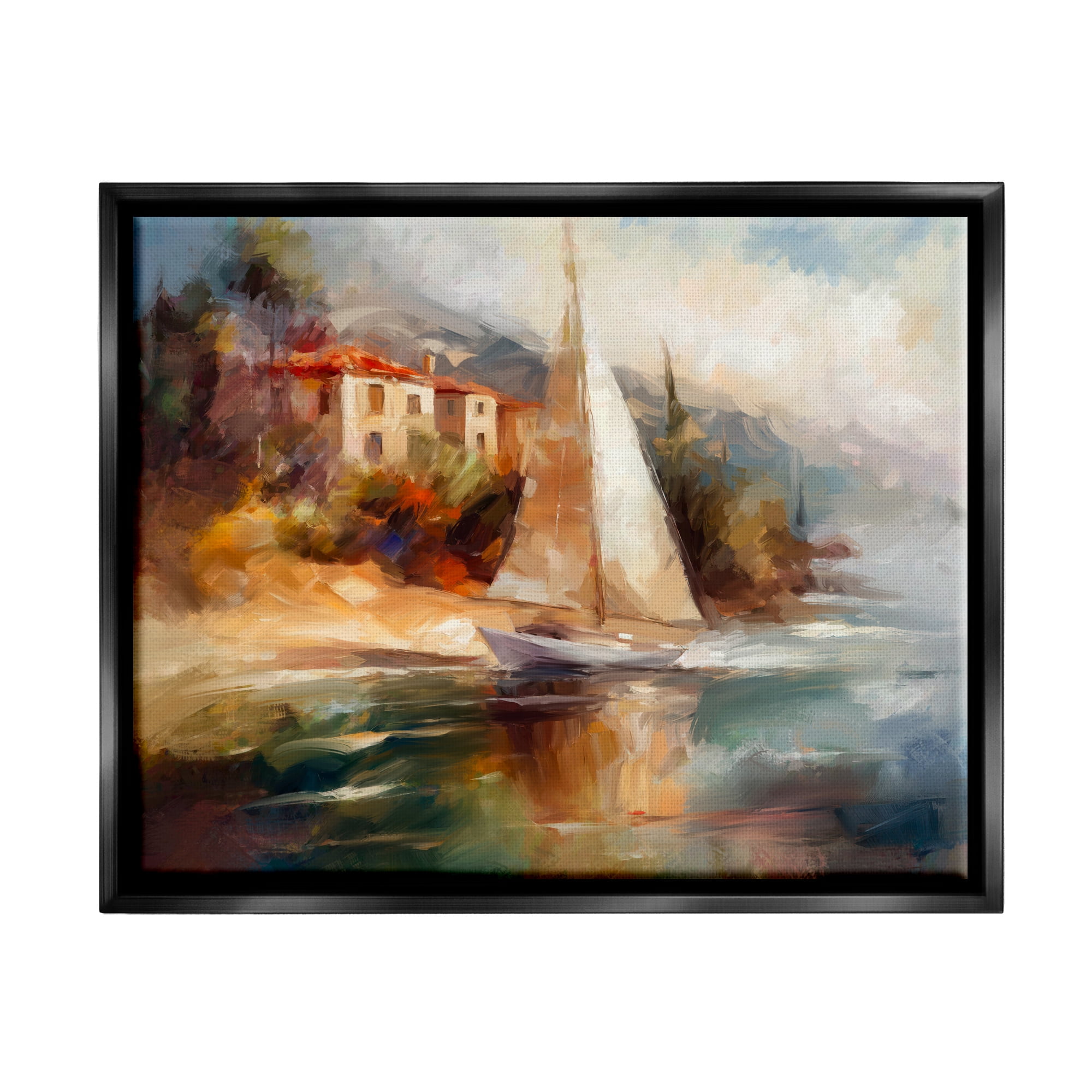 Stupell Industries Sailboat by Town Shore Transportation Painting Black Floater Framed Art Print Wall Art, 31 x 25
