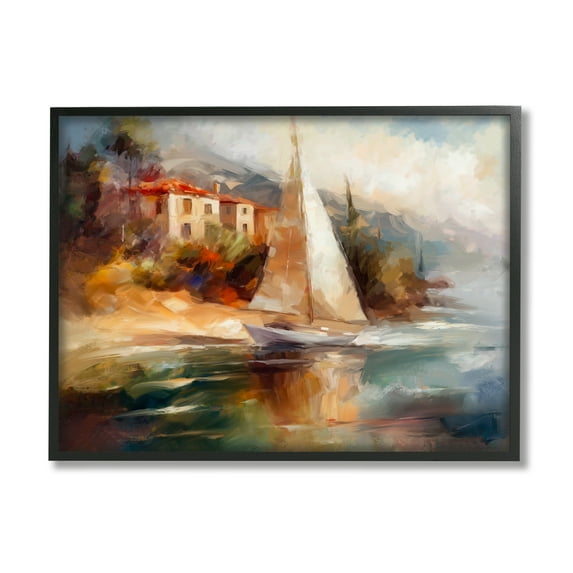 Stupell Industries Sailboat by Town Shore Transportation Painting Black Framed Art Print Wall Art, 30 x 24