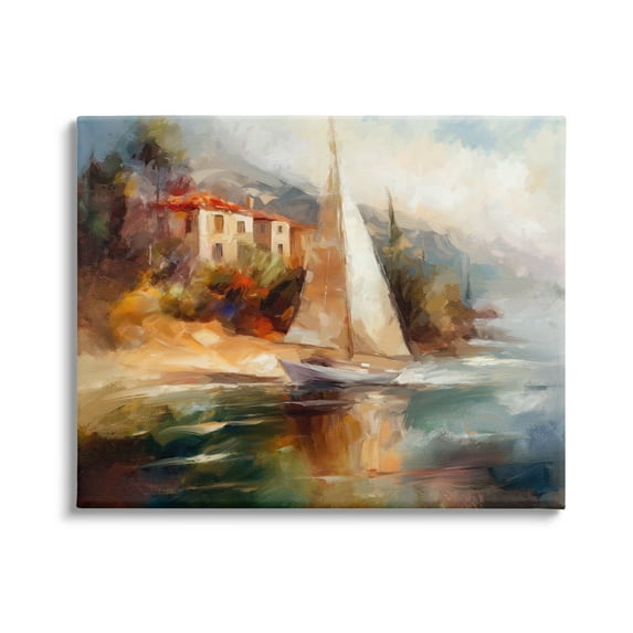 Stupell Industries Sailboat by Town Shore Transportation Painting Gallery Wrapped Canvas Print Wall Art, 30 x 24