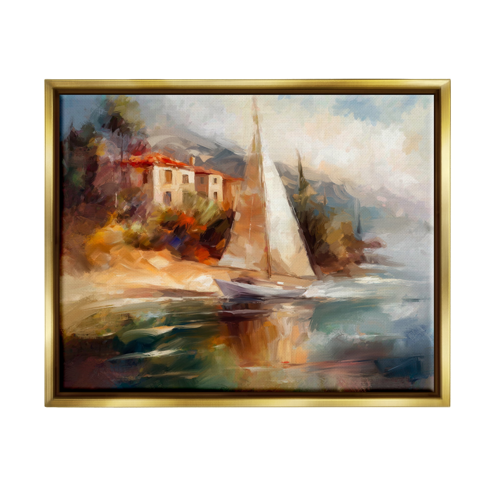 Stupell Industries Sailboat by Town Shore Transportation Painting Gold Floater Framed Art Print Wall Art, 31 x 25