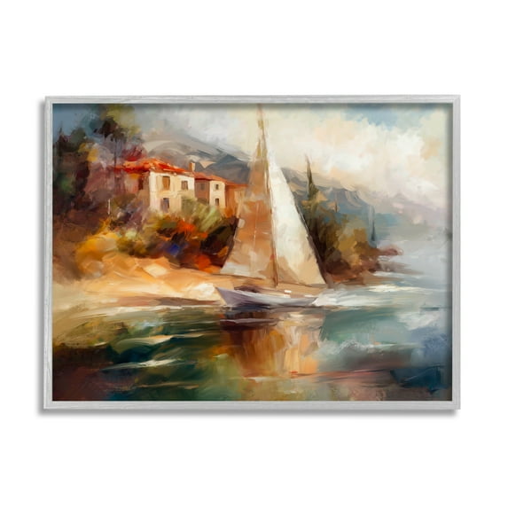 Stupell Industries Sailboat by Town Shore Transportation Painting Gray Framed Art Print Wall Art, 30 x 24