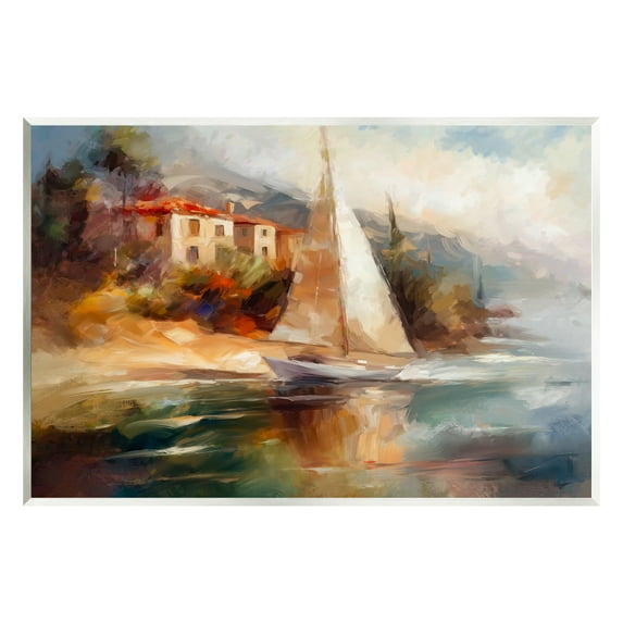 Stupell Industries Sailboat by Town Shore Transportation Painting Unframed Art Print Wall Art, 19 x 13