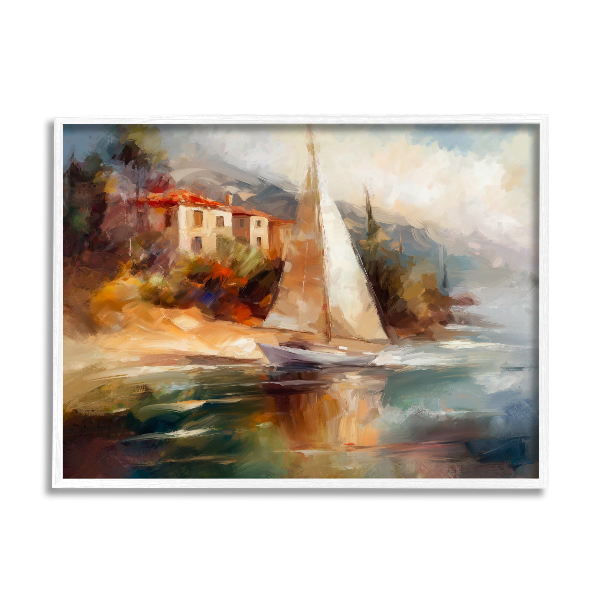 Stupell Industries Sailboat by Town Shore Transportation Painting White Framed Art Print Wall Art, 20 x 16
