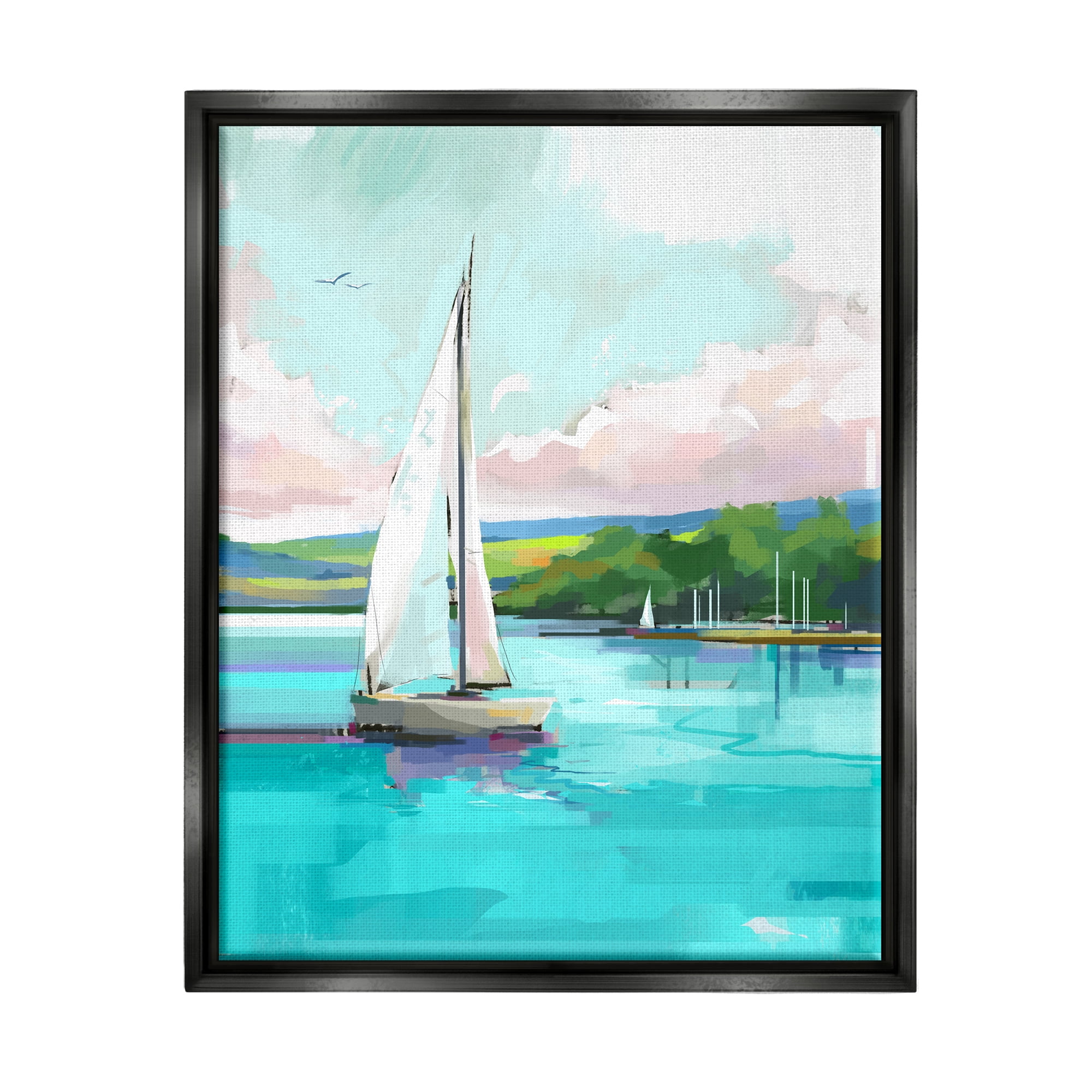 Stupell Industries Sailboat in Coastal Marina Transportation Painting Black Floater Framed Canvas Art Print Wall Art, 25 x 31