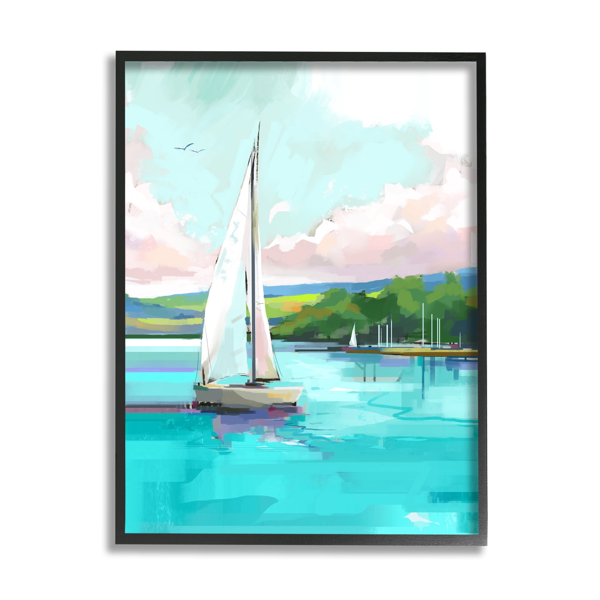 Stupell Industries Sailboat in Coastal Marina Transportation Painting Black Framed Art Print Wall Art, 16 x 20