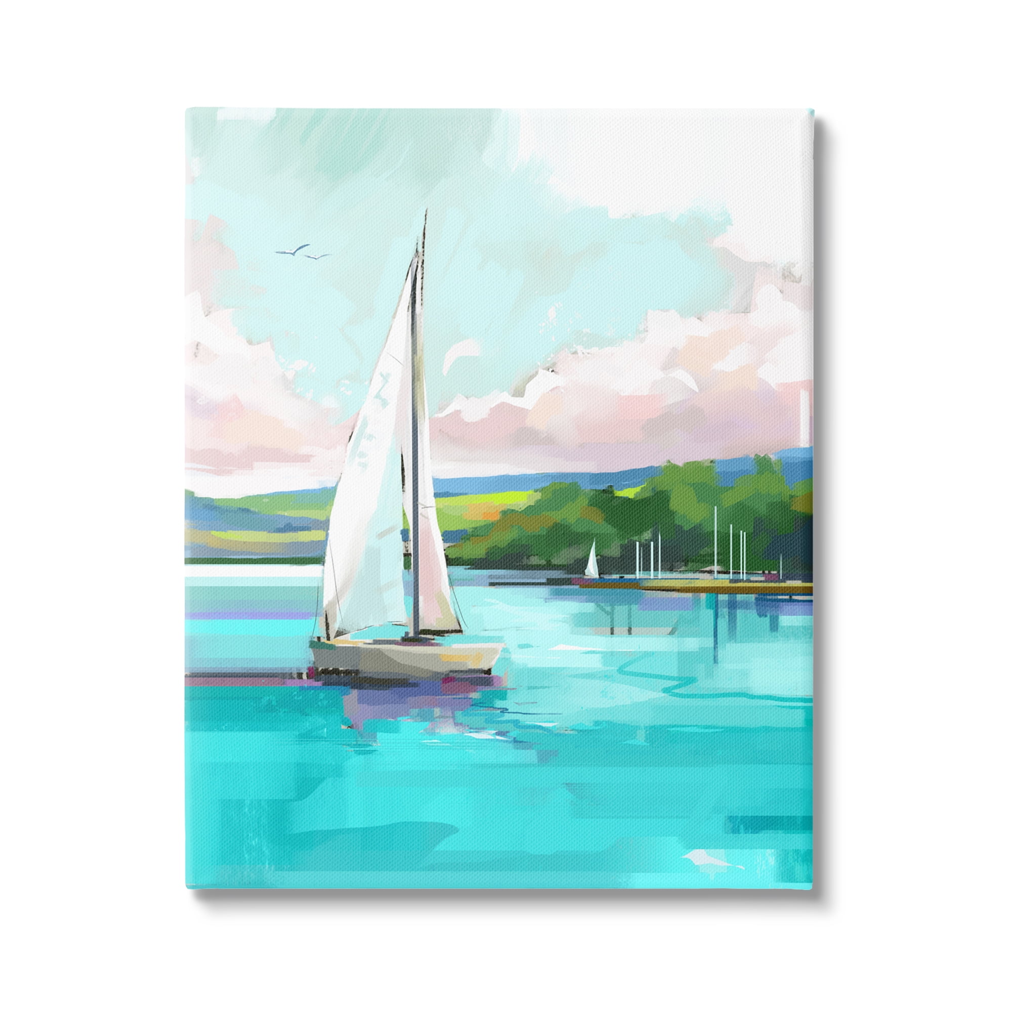 Stupell Industries Sailboat in Coastal Marina Transportation Painting Gallery Wrapped Canvas Art Print Wall Art, 30 x 40