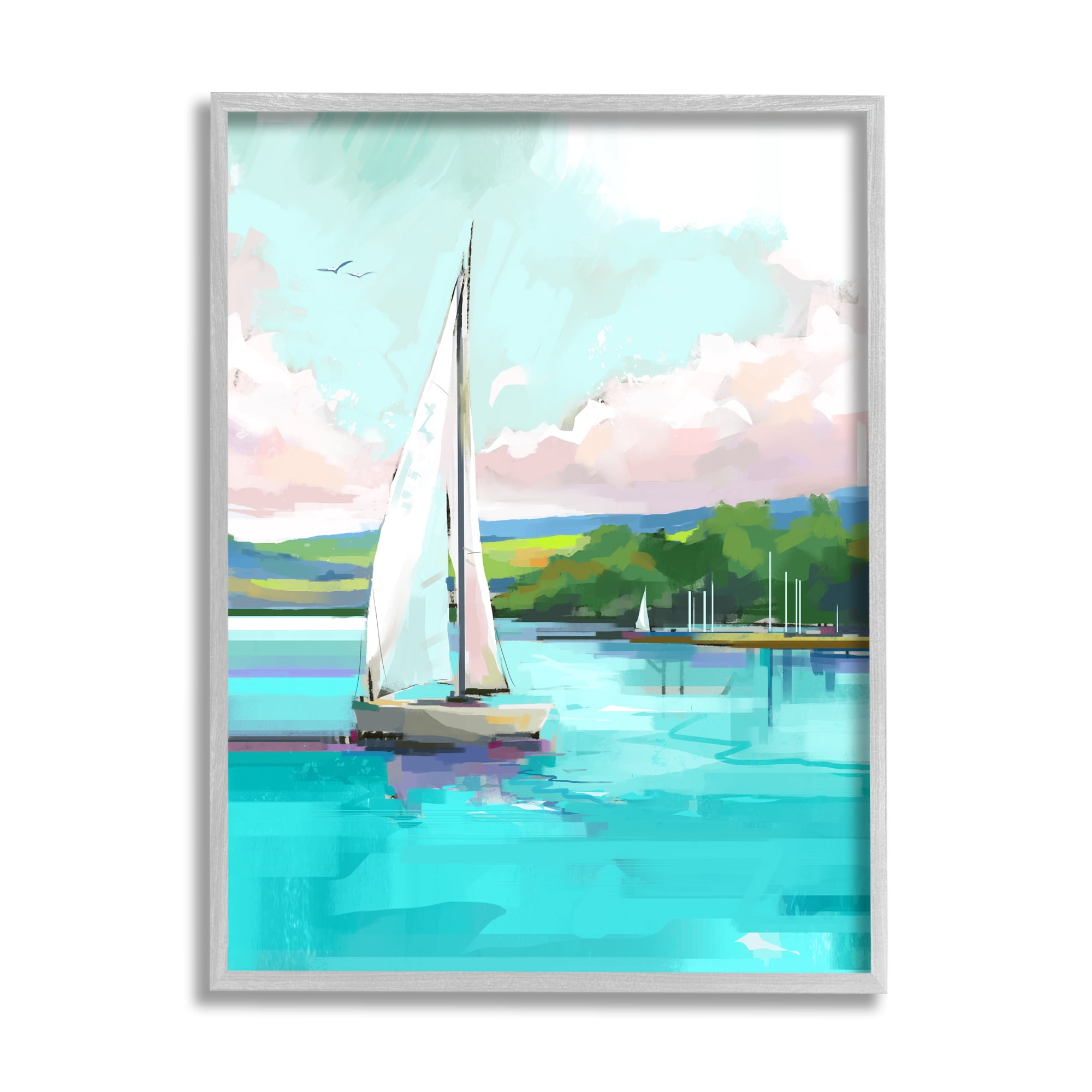 Stupell Industries Sailboat in Coastal Marina Transportation Painting Gray Framed Art Print Wall Art, 24 x 30