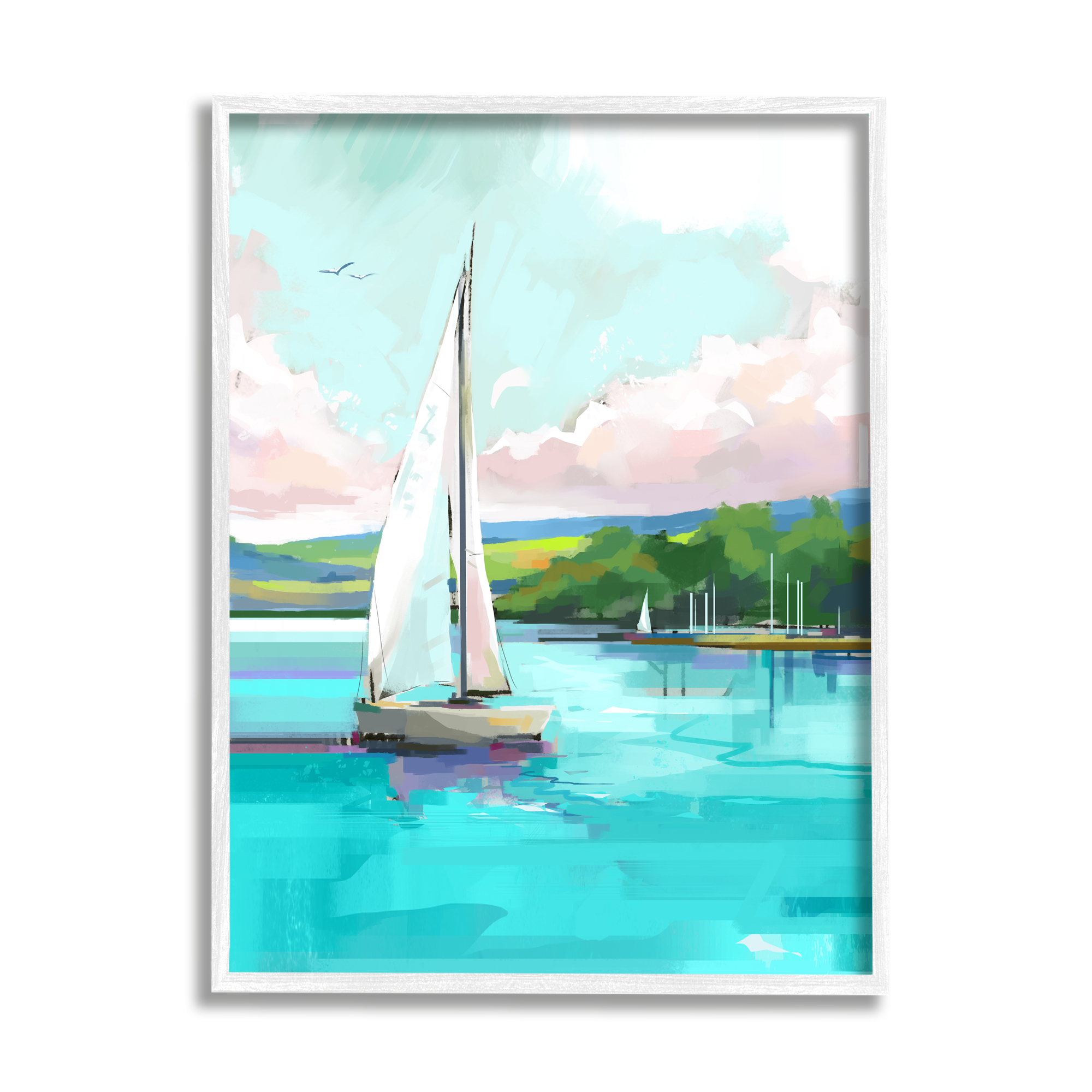 Stupell Industries Sailboat in Coastal Marina Transportation Painting White Framed Art Print Wall Art, 16 x 20