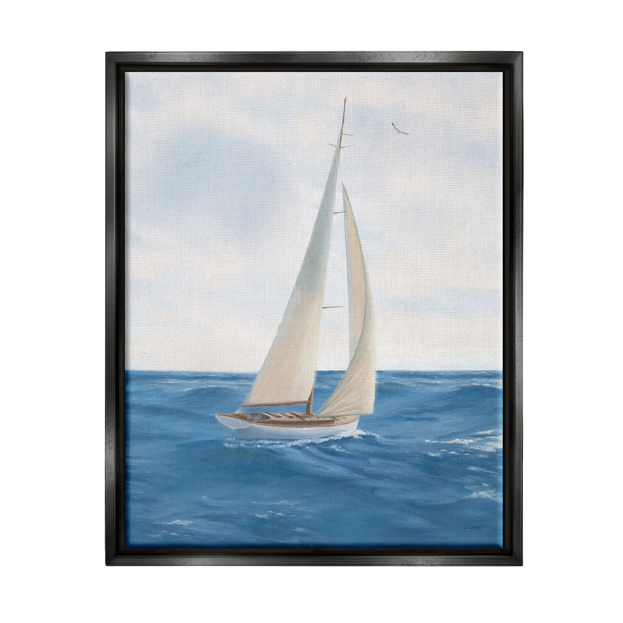 Stupell Industries Sailboat in Ocean Waves Transportation Painting Black Floater Framed Art Print Wall Art, 17 x 21
