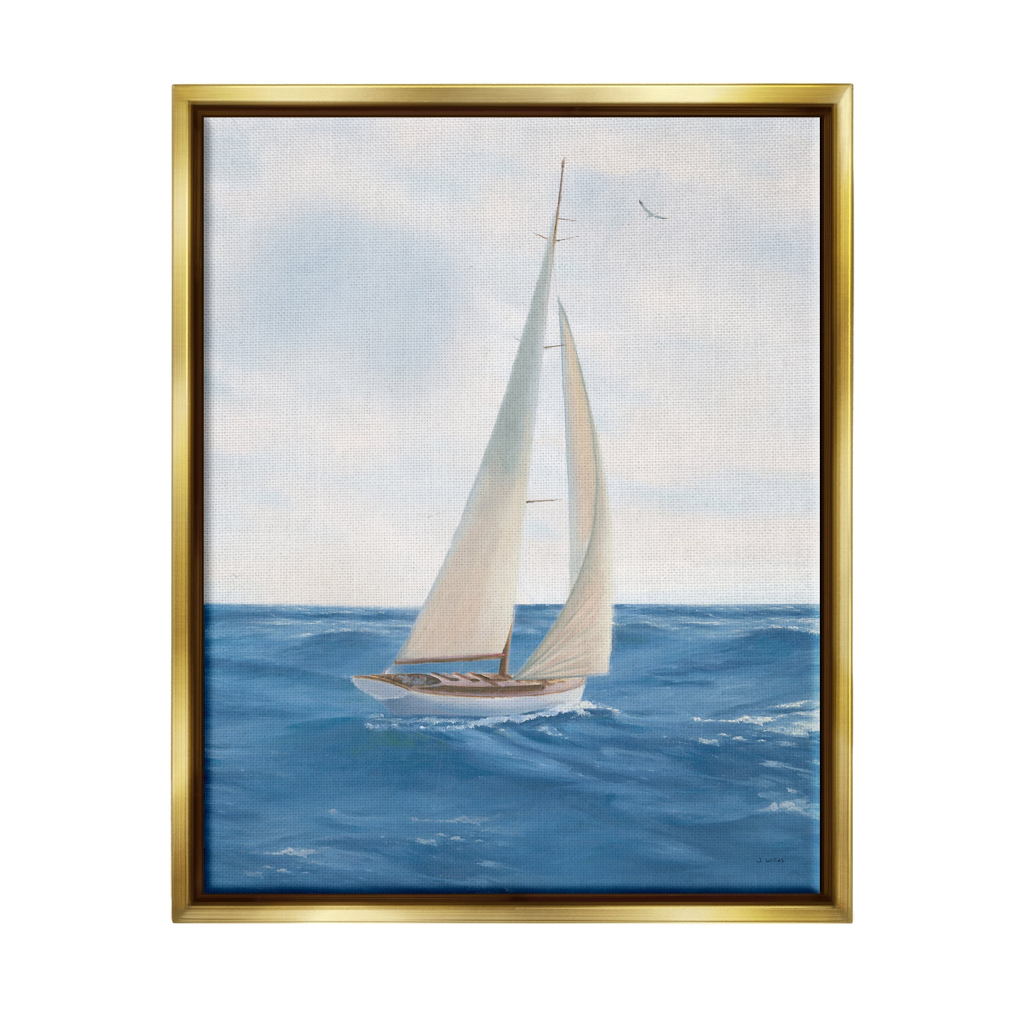 Stupell Industries Sailboat in Ocean Waves Transportation Painting Gold Floater Framed Art Print Wall Art, 25 x 31