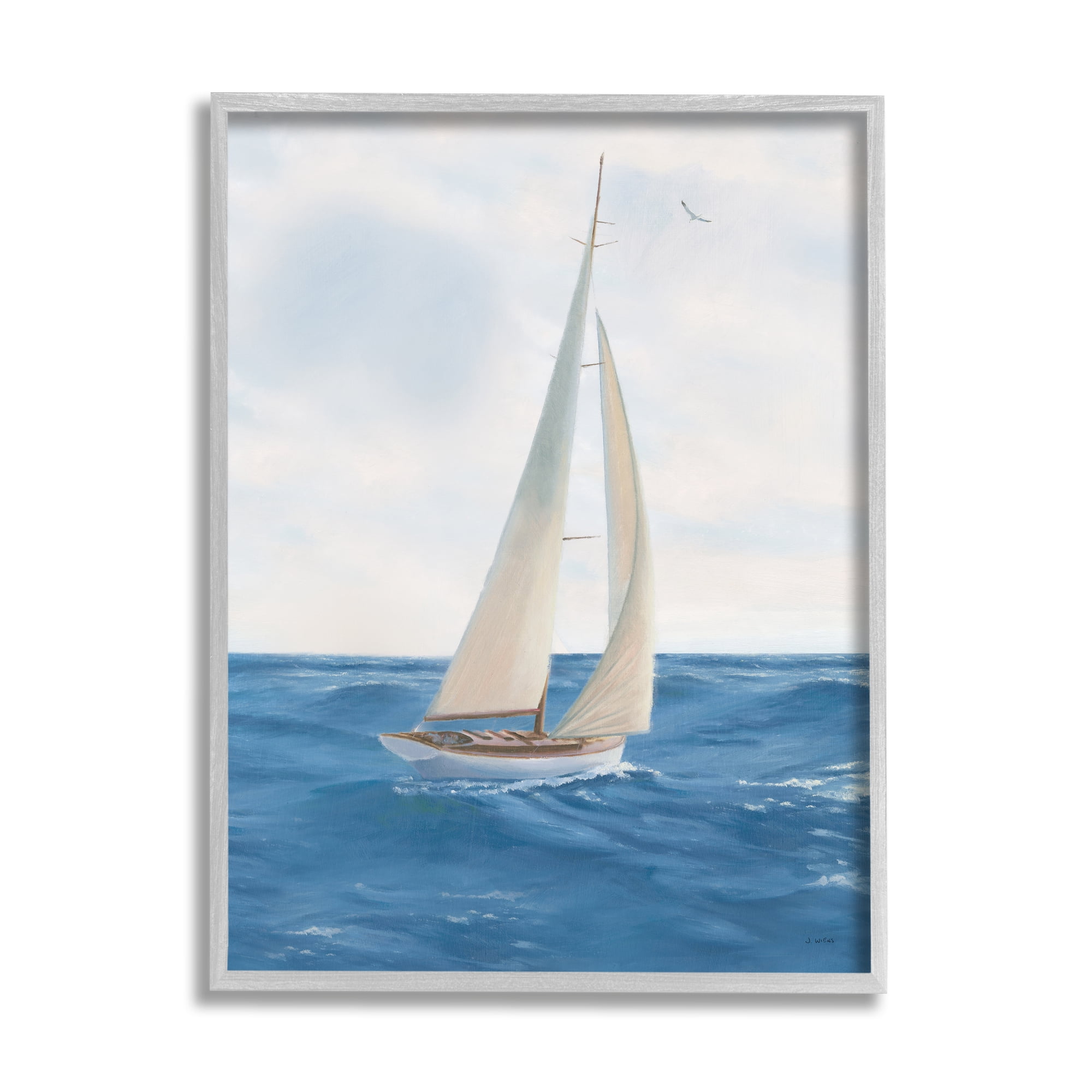 Stupell Industries Sailboat in Ocean Waves Transportation Painting Gray Framed Art Print Wall Art, 11 x 14