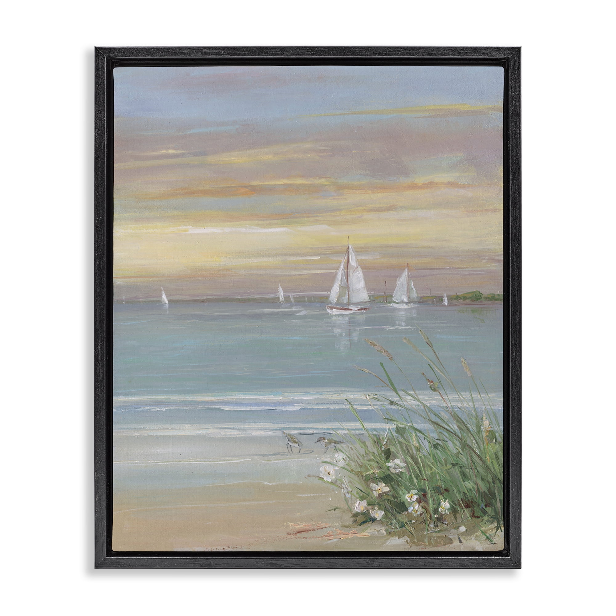 Stupell Industries Sailboats Beyond Sandy Shore Black Framed Floater Canvas Wall Art, design by Sally Swatland
