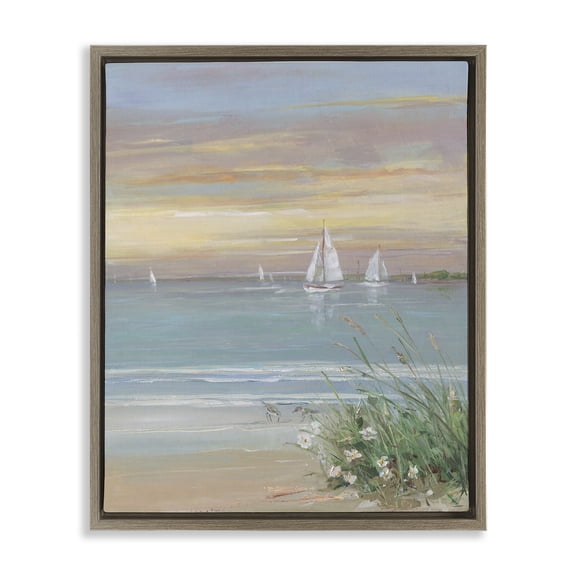 Stupell Industries Coastal Sailboats Beyond Sandy Shore Brown Floating Frame Canvas Art, 25 x 31, by Sally Swatland
