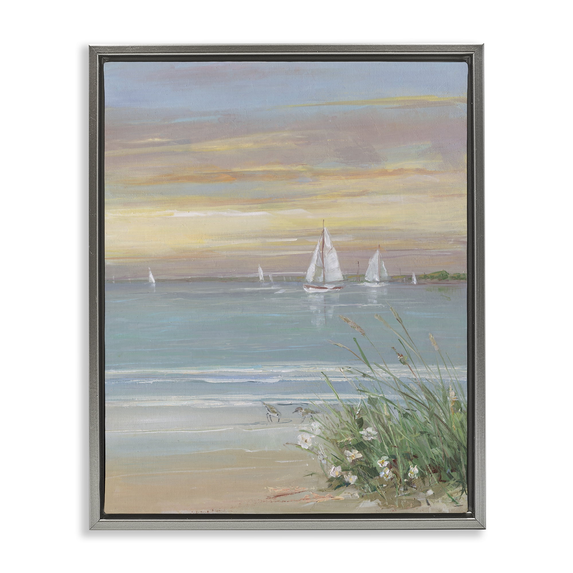 Stupell Industries Sailboats Beyond Sandy Shore Gray Framed Floater Canvas Wall Art, design by Sally Swatland
