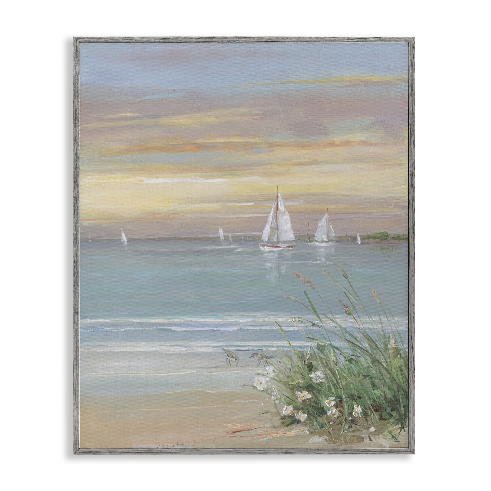 Stupell Industries Sailboats Beyond Sandy Shore Gray Framed Giclee Art, design by Sally Swatland
