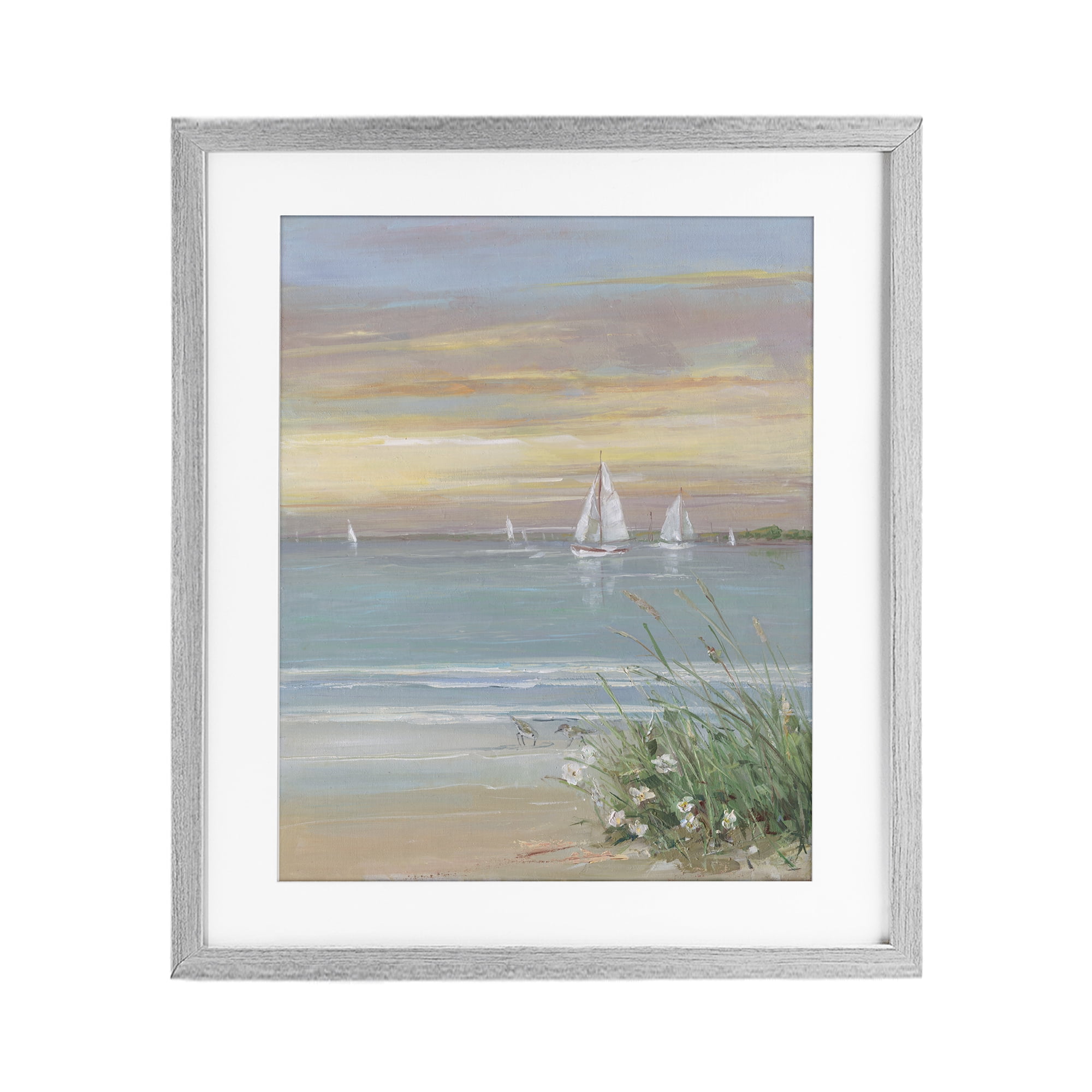 Stupell Industries Sailboats Beyond Sandy Shore Gray Framed Print Under Glass, design by Sally Swatland