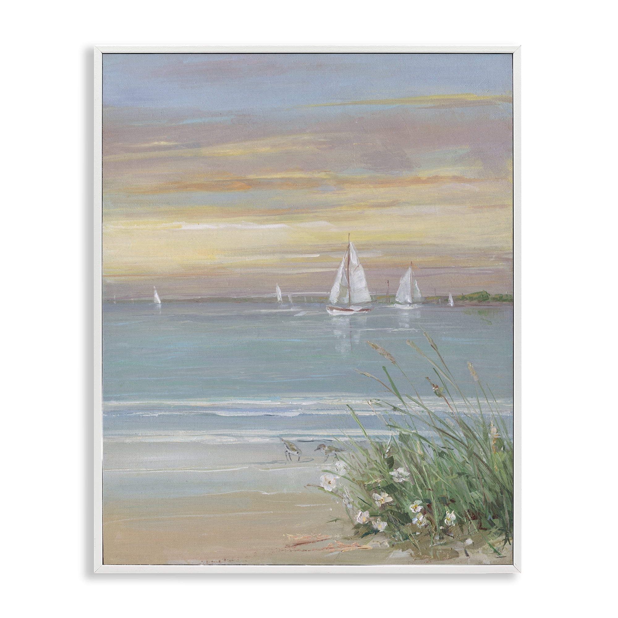 Stupell Industries Sailboats Beyond Sandy Shore White Framed Giclee Art, design by Sally Swatland