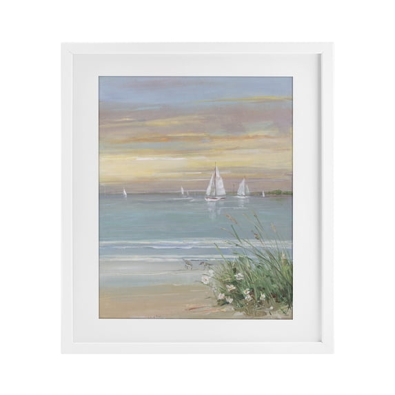 Stupell Industries Coastal Sailboats Beyond Sandy Shore White Framed Print Under Glass, 13 x 16, by Sally Swatland