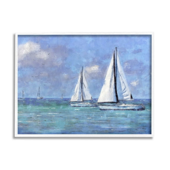 Stupell Industries Sailboats Drifting Vivid Blue Sky Painting White Framed Art Print Wall Art, Design by Nina Blue