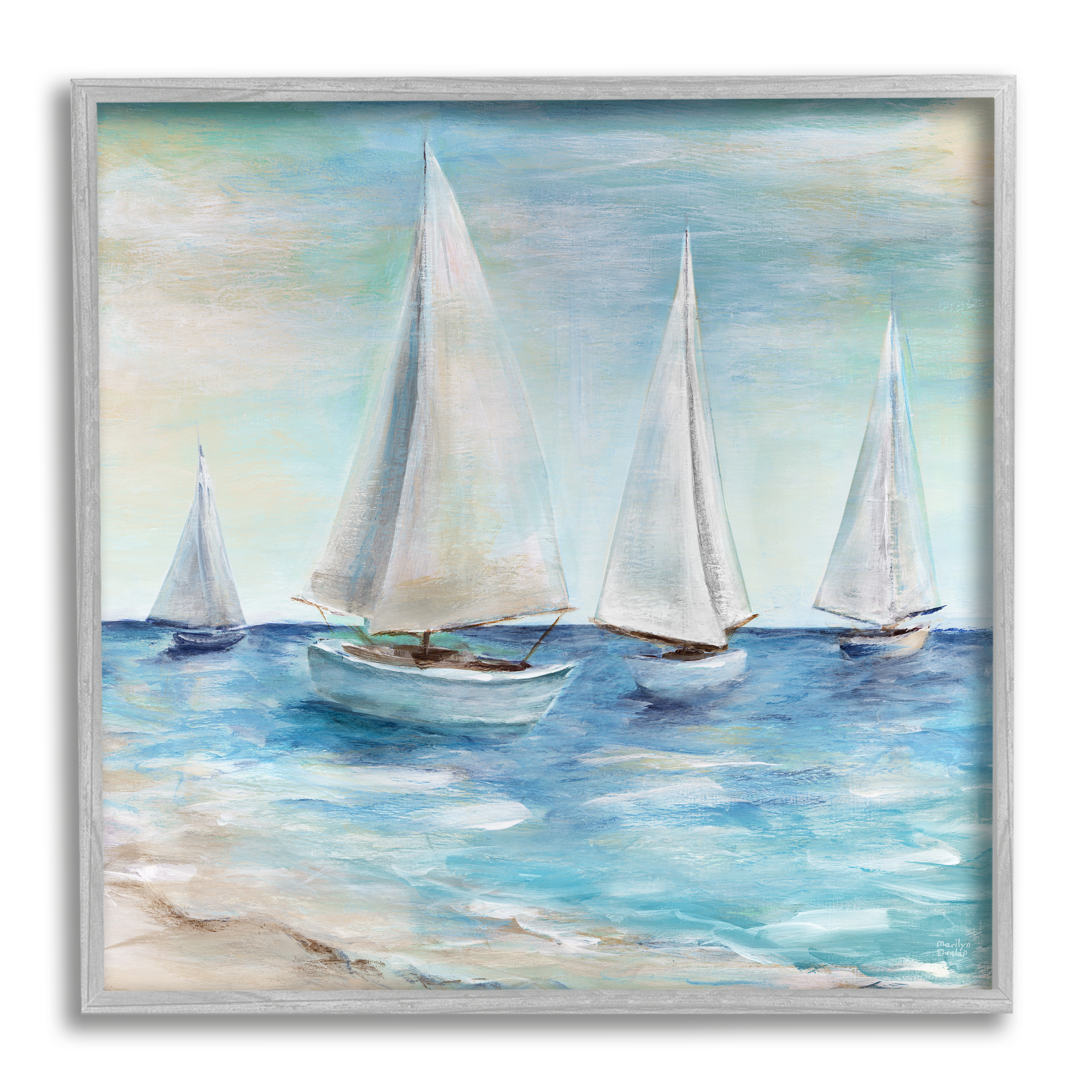 Stupell Industries Sailboats Floating Peacefully Daytime Beach Shoreline Painting Painting Gray Framed Art Print Wall Art, Design by Marilyn Dunlap