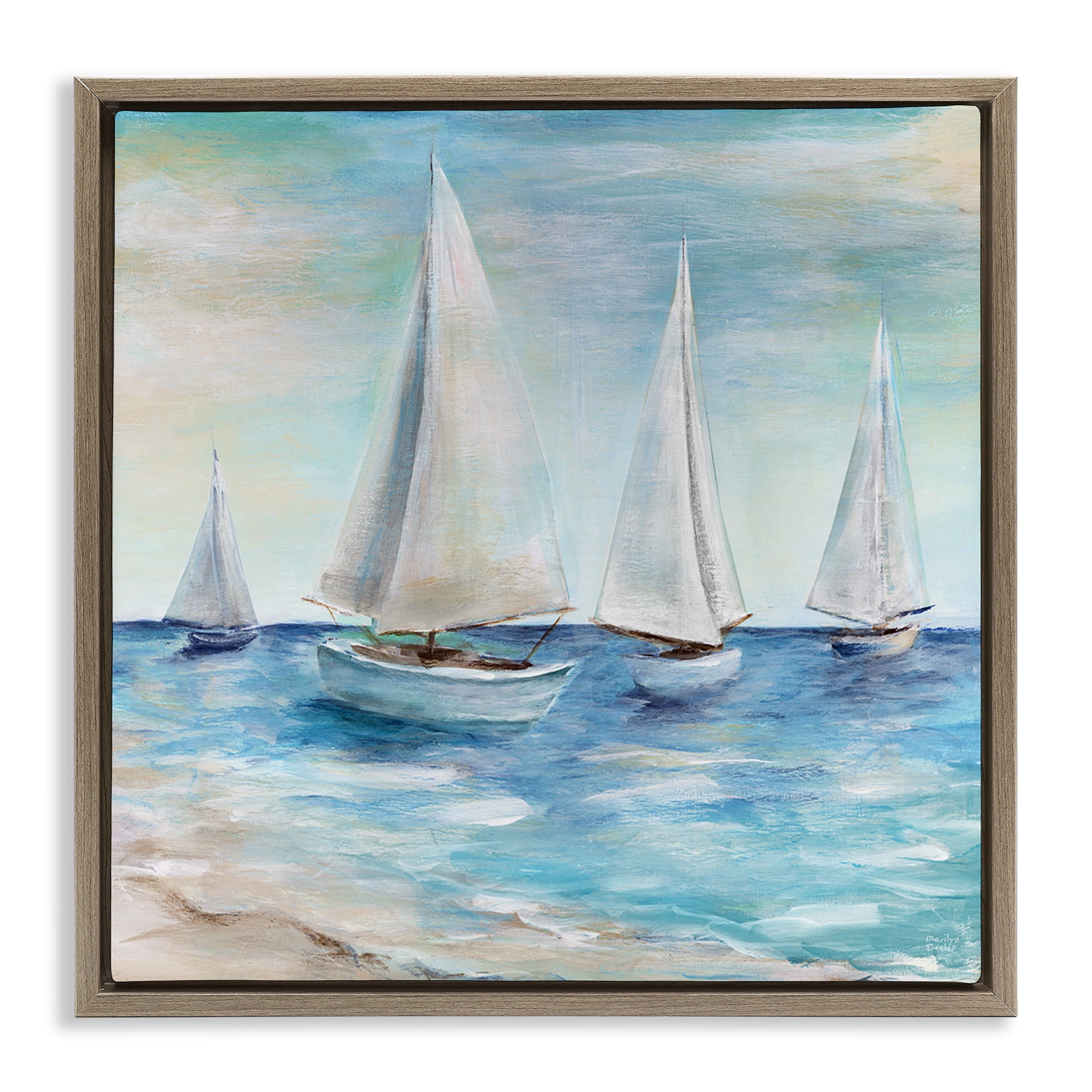 Stupell Industries Sailboats Floating Peacefully Nature Painting Brown Floater Framed Canvas Art Print Wall Art, 25 x 25