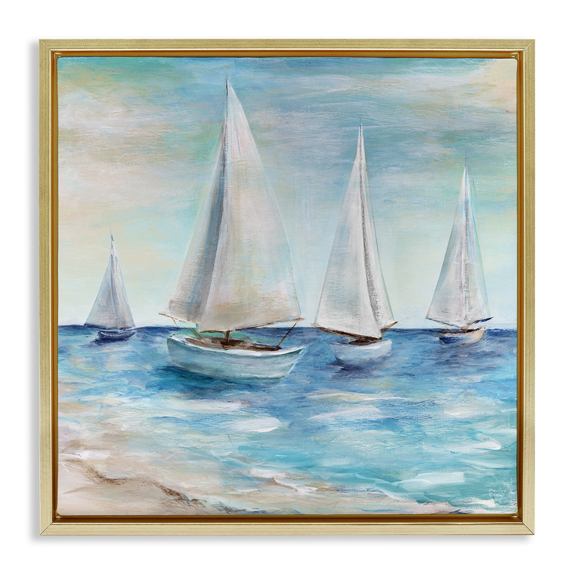 Stupell Industries Sailboats Floating Peacefully Nature Painting Gold Floater Framed Canvas Art Print Wall Art, 18 x 18