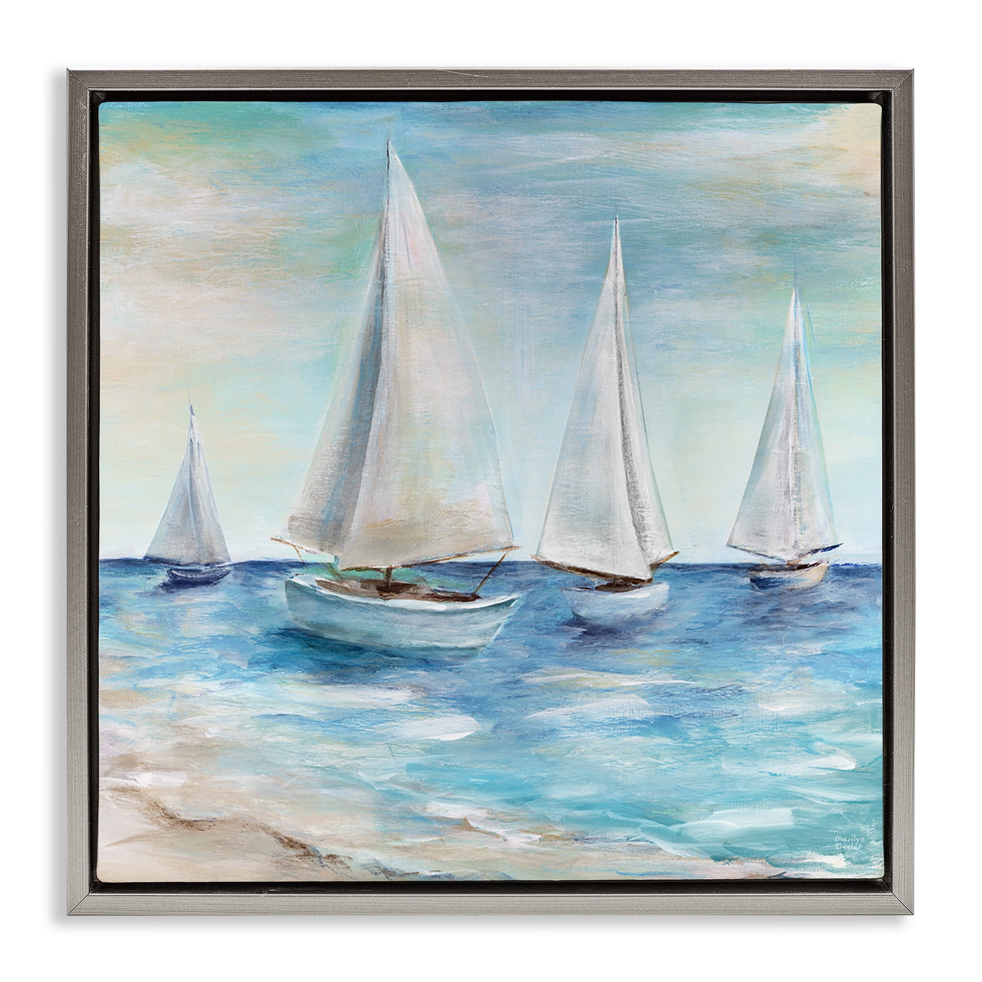 Stupell Industries Sailboats Floating Peacefully Nature Painting Gray Floater Framed Canvas Art Print Wall Art, 18 x 18