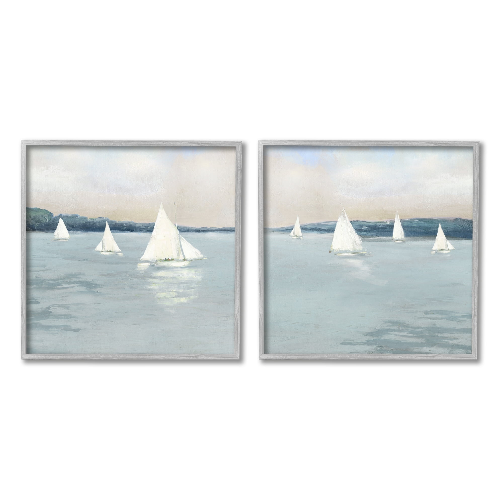 Stupell Industries Sailboats Grey Nautical Ocean View Coastal Painting Gray Framed Art Print Wall Art, Set of 2